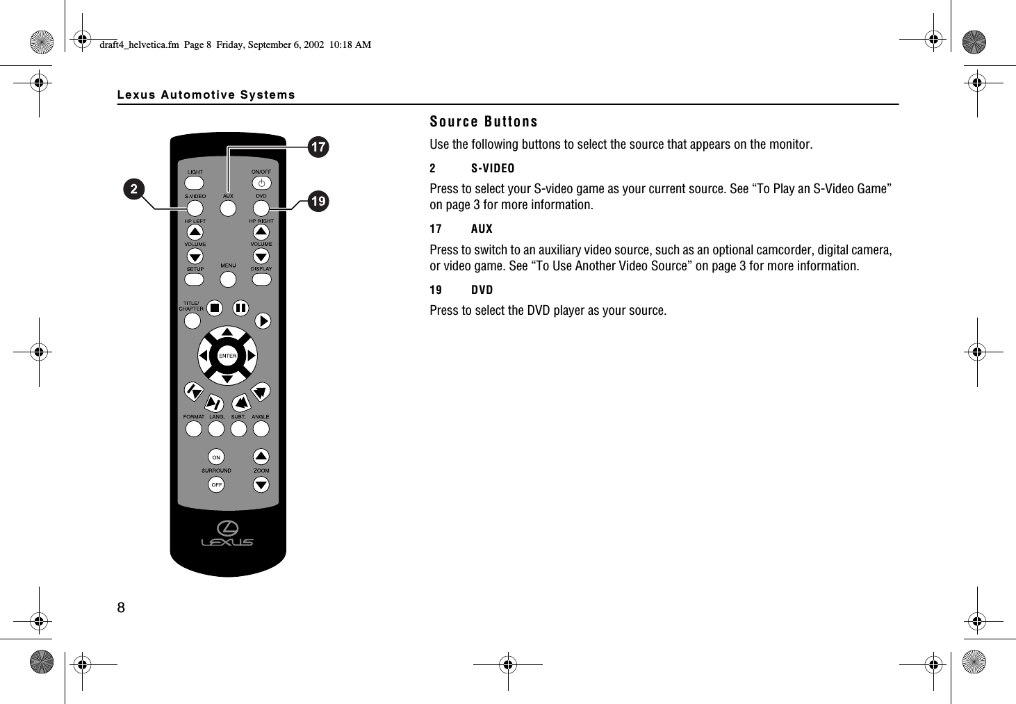 Lexus Automotive Systems8Source ButtonsUse the following buttons to select the source that appears on the monitor.2S-VIDEOPress to select your S-video game as your current source. See “To Play an S-Video Game” on page 3 for more information.17 AUXPress to switch to an auxiliary video source, such as an optional camcorder, digital camera, or video game. See “To Use Another Video Source” on page 3 for more information.19 DVDPress to select the DVD player as your source.FTCHVAJGNXGVKECHO2CIG(TKFC[5GRVGODGT#/