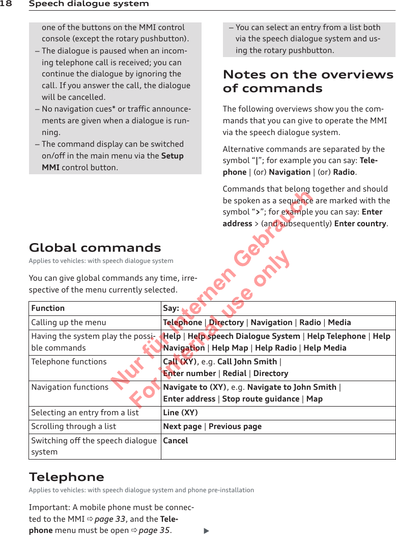 18 Speech dialogue systemone of the buttons on the MMI controlconsole (except the rotary pushbutton).–The dialogue is paused when an incom-ing telephone call is received; you cancontinue the dialogue by ignoring thecall. If you answer the call, the dialoguewill be cancelled.–No navigation cues* or traffic announce-ments are given when a dialogue is run-ning.–The command display can be switchedon/off in the main menu via the SetupMMI control button.–You can select an entry from a list bothvia the speech dialogue system and us-ing the rotary pushbutton.Notes on the overviewsof commandsThe following overviews show you the com-mands that you can give to operate the MMIvia the speech dialogue system.Alternative commands are separated by thesymbol “|”; for example you can say: Tele-phone | (or) Navigation | (or) Radio.Commands that belong together and shouldbe spoken as a sequence are marked with thesymbol “&gt;”; for example you can say: Enteraddress &gt; (and subsequently) Enter country.Global commandsApplies to vehicles: with speech dialogue systemYou can give global commands any time, irre-spective of the menu currently selected.Function Say:Calling up the menu Telephone | Directory | Navigation | Radio | MediaHaving the system play the possi-ble commandsHelp | Help speech Dialogue System | Help Telephone | HelpNavigation | Help Map | Help Radio | Help MediaTelephone functions Call (XY), e.g. Call John Smith |Enter number | Redial | DirectoryNavigation functions Navigate to (XY), e.g. Navigate to John Smith |Enter address | Stop route guidance | MapSelecting an entry from a list Line (XY)Scrolling through a list Next page | Previous pageSwitching off the speech dialoguesystemCancelTelephoneApplies to vehicles: with speech dialogue system and phone pre-installationImportant: A mobile phone must be connec-ted to the MMI ð page 33, and the Tele-phone menu must be open ð page 35.2  Titel oder Name, Abteilung, Datum 