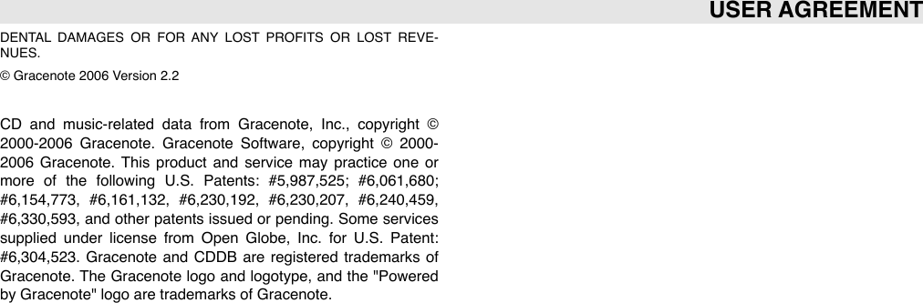 DENTAL  DAMAGES  OR  FOR  ANY  LOST  PROFITS  OR  LOST  REVE-NUES.© Gracenote 2006 Version 2.2CD  and  music-related  data  from  Gracenote,  Inc.,  copyright  © 2000-2006  Gracenote.  Gracenote  Software,  copyright  ©  2000-2006  Gracenote.  This  product  and  service  may practice  one  or more  of  the  following  U.S.  Patents:  #5,987,525;  #6,061,680; #6,154,773,  #6,161,132,  #6,230,192,  #6,230,207,  #6,240,459, #6,330,593, and other  patents issued or pending. Some services supplied  under  license  from  Open  Globe,  Inc.  for  U.S.  Patent: #6,304,523.  Gracenote  and  CDDB  are  registered trademarks of Gracenote. The  Gracenote logo and logotype, and the  &quot;Powered by Gracenote&quot; logo are trademarks of Gracenote.USER AGREEMENT