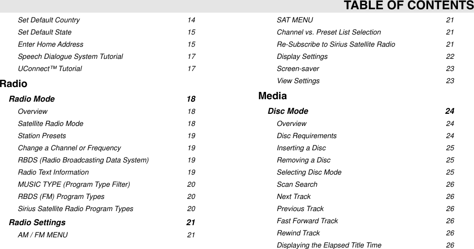 Set Default Country14Set Default State15Enter Home Address15Speech Dialogue System Tutorial17UConnect™ Tutorial17RadioRadio Mode18Overview18Satellite Radio Mode18Station Presets19Change a Channel or Frequency19RBDS (Radio Broadcasting Data System)19Radio Text Information19MUSIC TYPE (Program Type Filter)20RBDS (FM) Program Types20Sirius Satellite Radio Program Types20Radio Settings21AM / FM MENU21SAT MENU21Channel vs. Preset List Selection21Re-Subscribe to Sirius Satellite Radio21Display Settings22Screen-saver23View Settings23MediaDisc Mode24Overview24Disc Requirements24Inserting a Disc25Removing a Disc25Selecting Disc Mode25Scan Search26Next Track26Previous Track26Fast Forward Track26Rewind Track26Displaying the Elapsed Title Time26TABLE OF CONTENTS