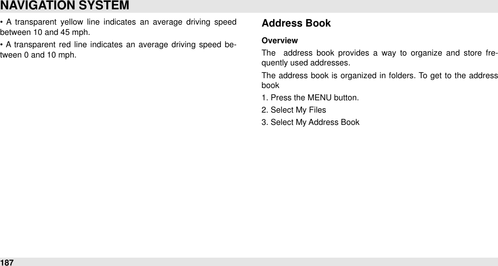 •  A  transparent  yellow  line  indicates  an  average  driving  speed between 10 and 45 mph.•  A transparent  red  line  indicates an  average driving  speed be-tween 0 and 10 mph.Address BookOverviewThe    address  book  provides  a  way  to  organize  and  store  fre-quently used addresses.The  address book  is organized in folders.  To  get to the  address book1. Press the MENU button.2. Select My Files3. Select My Address BookNAVIGATION SYSTEM187