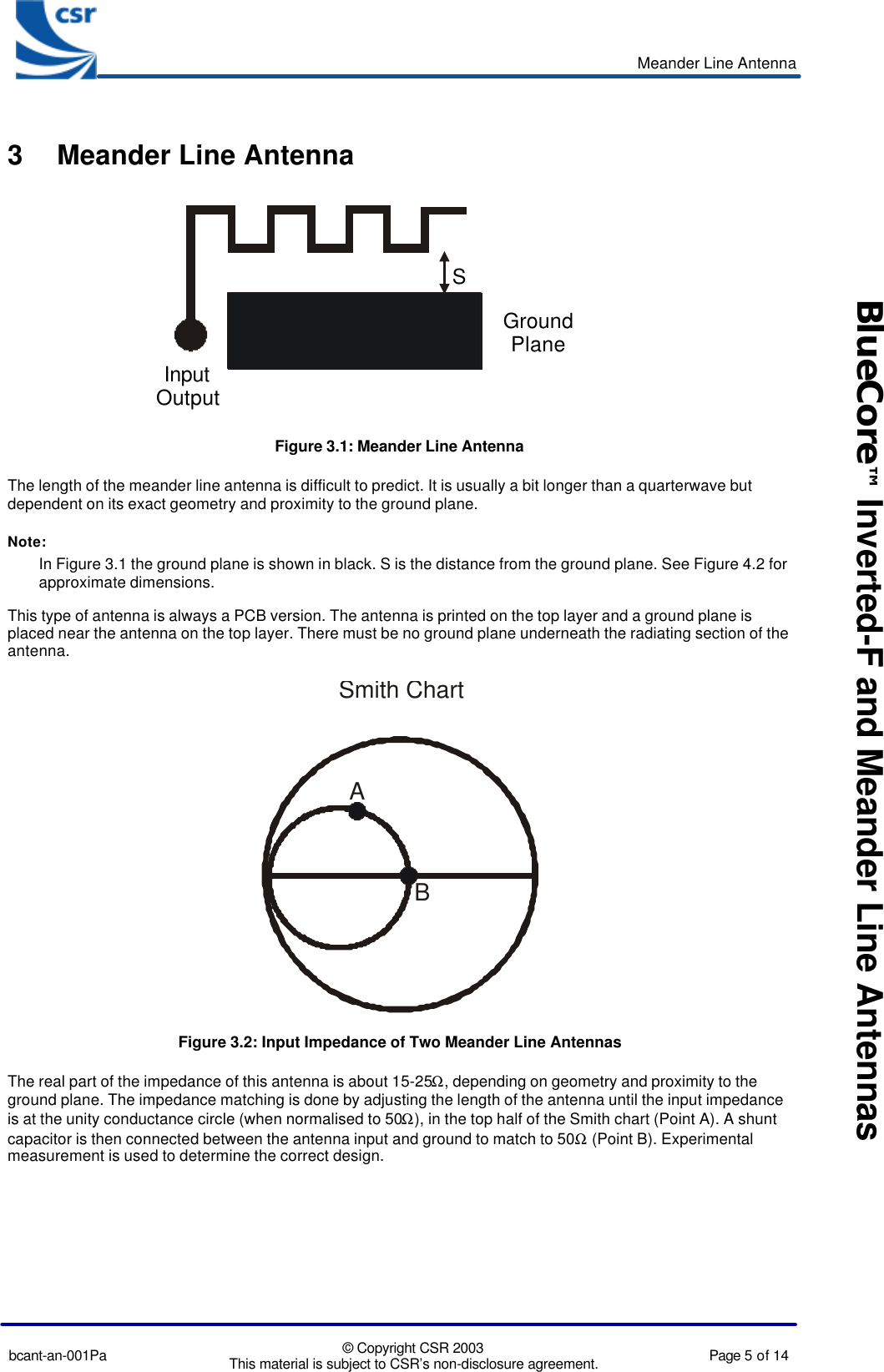 Meander Line Antennabcant-an-001Pa © Copyright CSR 2003This material is subject to CSR’s non-disclosure agreement. Page 5 of 14BlueCore™ Inverted-F and Meander Line Antennas3 Meander Line AntennaInputOutputSGroundPlaneFigure 3.1: Meander Line AntennaThe length of the meander line antenna is difficult to predict. It is usually a bit longer than a quarterwave butdependent on its exact geometry and proximity to the ground plane.Note:In Figure 3.1 the ground plane is shown in black. S is the distance from the ground plane. See Figure 4.2 forapproximate dimensions.This type of antenna is always a PCB version. The antenna is printed on the top layer and a ground plane isplaced near the antenna on the top layer. There must be no ground plane underneath the radiating section of theantenna.ABSmith ChartFigure 3.2: Input Impedance of Two Meander Line AntennasThe real part of the impedance of this antenna is about 15-25Ω, depending on geometry and proximity to theground plane. The impedance matching is done by adjusting the length of the antenna until the input impedanceis at the unity conductance circle (when normalised to 50Ω), in the top half of the Smith chart (Point A). A shuntcapacitor is then connected between the antenna input and ground to match to 50Ω (Point B). Experimentalmeasurement is used to determine the correct design.