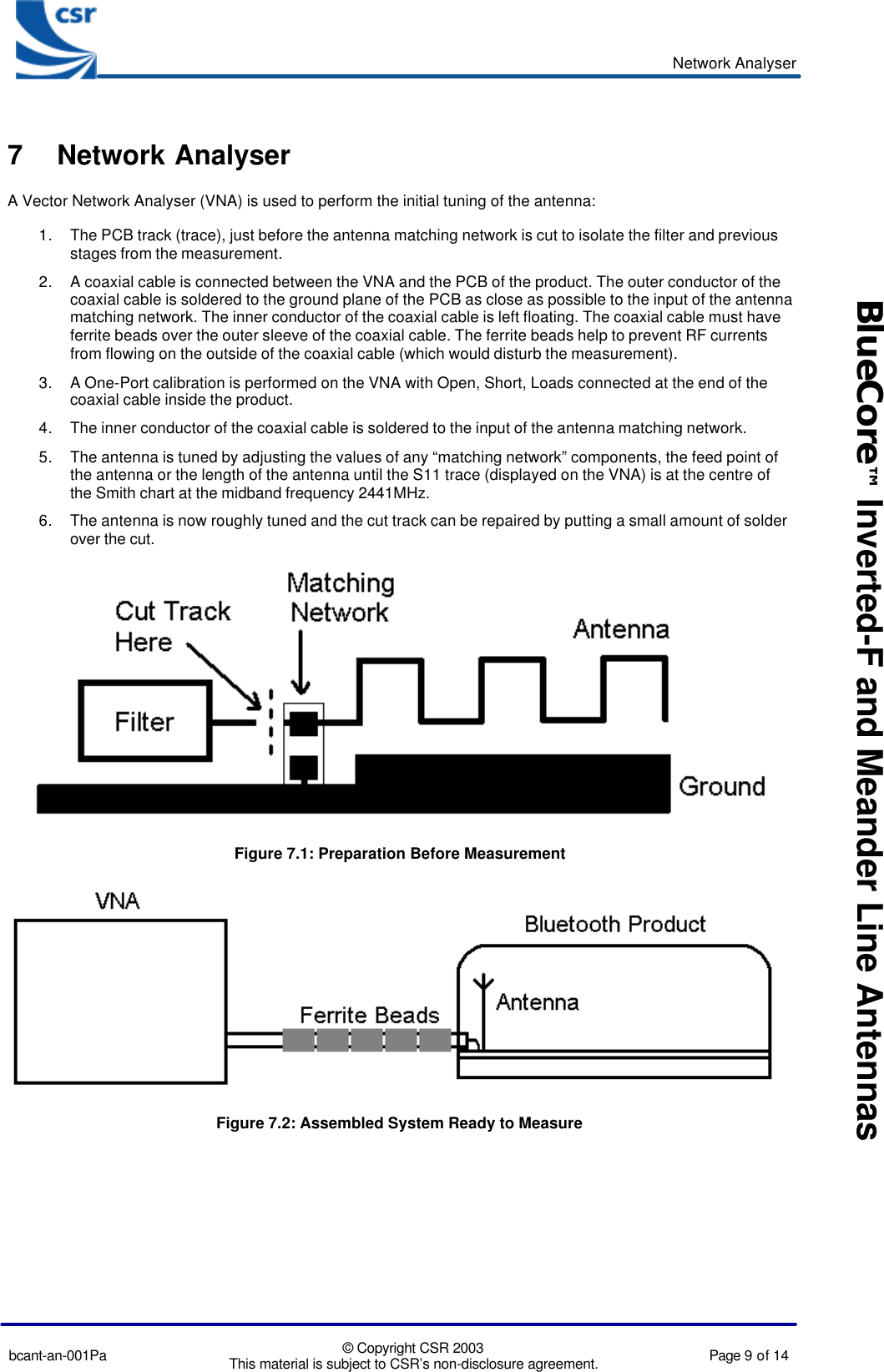 Network Analyserbcant-an-001Pa © Copyright CSR 2003This material is subject to CSR’s non-disclosure agreement. Page 9 of 14BlueCore™ Inverted-F and Meander Line Antennas7 Network AnalyserA Vector Network Analyser (VNA) is used to perform the initial tuning of the antenna:1. The PCB track (trace), just before the antenna matching network is cut to isolate the filter and previousstages from the measurement.2. A coaxial cable is connected between the VNA and the PCB of the product. The outer conductor of thecoaxial cable is soldered to the ground plane of the PCB as close as possible to the input of the antennamatching network. The inner conductor of the coaxial cable is left floating. The coaxial cable must haveferrite beads over the outer sleeve of the coaxial cable. The ferrite beads help to prevent RF currentsfrom flowing on the outside of the coaxial cable (which would disturb the measurement).3. A One-Port calibration is performed on the VNA with Open, Short, Loads connected at the end of thecoaxial cable inside the product.4. The inner conductor of the coaxial cable is soldered to the input of the antenna matching network.5. The antenna is tuned by adjusting the values of any “matching network” components, the feed point ofthe antenna or the length of the antenna until the S11 trace (displayed on the VNA) is at the centre ofthe Smith chart at the midband frequency 2441MHz.6. The antenna is now roughly tuned and the cut track can be repaired by putting a small amount of solderover the cut.Figure 7.1: Preparation Before MeasurementFigure 7.2: Assembled System Ready to Measure