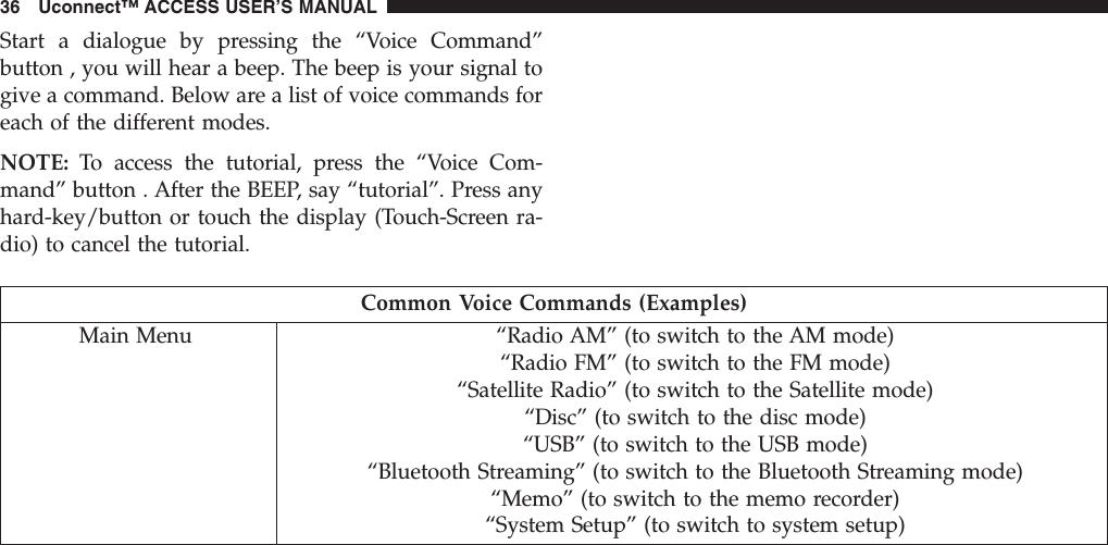 Start a dialogue by pressing the “Voice Command”button , you will hear a beep. The beep is your signal togive a command. Below are a list of voice commands foreach of the different modes.NOTE: To access the tutorial, press the “Voice Com-mand” button . After the BEEP, say “tutorial”. Press anyhard-key/button or touch the display (Touch-Screen ra-dio) to cancel the tutorial.Common Voice Commands (Examples)Main Menu “Radio AM” (to switch to the AM mode)“Radio FM” (to switch to the FM mode)“Satellite Radio” (to switch to the Satellite mode)“Disc” (to switch to the disc mode)“USB” (to switch to the USB mode)“Bluetooth Streaming” (to switch to the Bluetooth Streaming mode)“Memo” (to switch to the memo recorder)“System Setup” (to switch to system setup)36 Uconnect™ ACCESS USER’S MANUAL