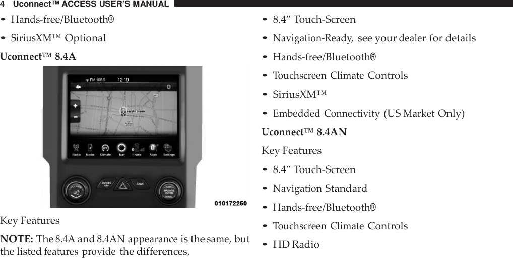 4 Uconnect™ ACCESS USER’S MANUAL•Hands -free/Bluetooth®•SiriusXM™OptionalUconnect™8.4AKey FeaturesNOTE: The8.4Aand8.4AN appearanceis thesame,butthe listedfeatu res providethe differences.•8.4” Touch-Screen•Navigation -Read y,see yourdealerfor details•Hands -free/Bluetooth®•Touchsc reen ClimateControls•SiriusXM™•Embedded Connectivity(USMarketOnly)Uconnect™8.4ANKey Features•8.4” Touch-Screen•NavigationStandard•Hands -free/Bluetooth®•Touchsc reen ClimateControls•HD Radio