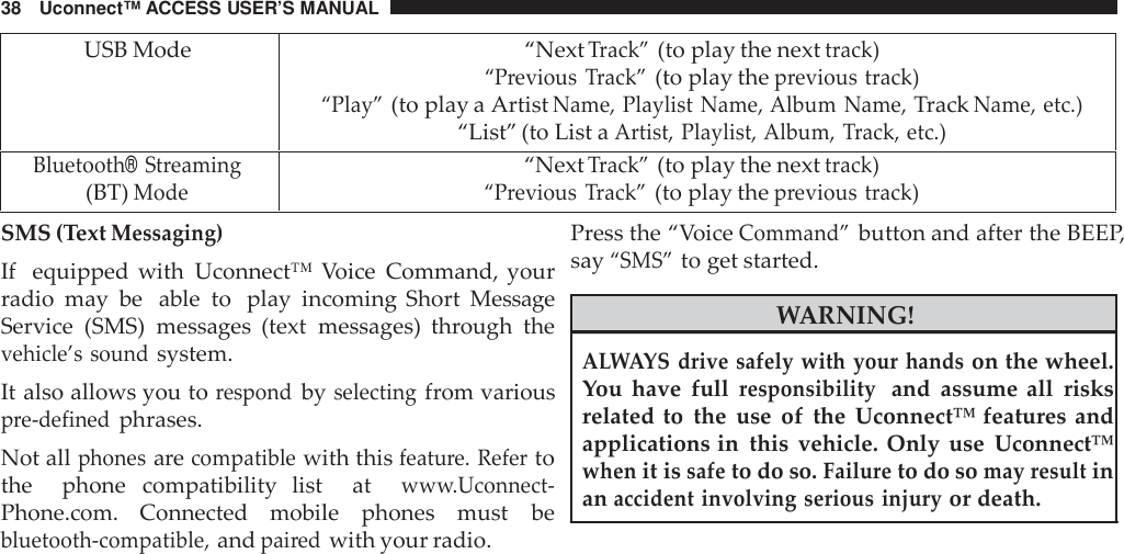 38 Uconnect™ ACCESS USER’S MANUALUSB Mode“NextTrack”(to play the nexttrack)“Previous Track”(to play theprevious track)“Play”(to play a ArtistName, Playlist Name, Album Name,TrackName, etc.)“List” (to List aArtist, Playlist, Album, Track, etc.)Bluetooth®Streaming(BT)Mode“NextTrack”(to play the nexttrack)“Previous Track”(to play theprevious track)SMS (TextMessaging)If equipped with Uconnect™ Voice Command, yourradio may be able to play incoming Short MessageService (SMS) messages (text messages) through thevehicle’s soundsystem.It also allows you torespondbyselectingfrom variouspre-definedphrases.Not allphonesarecompatiblewith thisfeatu re. Refertothe phone compatibility  list atww w.Uconnect -Phone.com.  Connected mobile phones must bebluetooth -compatible,andpai redwith your radio.Press the “VoiceCommand”button and after the BEEP,say“SMS”to get started.WARNING!ALWAYS drive safely with your handson the wheel.You have fullresponsibilityand assume all risksrelated to the use of the Uconnect™ features andapplications in this vehicle. Only use Uconnect™whenit issafeto do so.Failureto do somay resultinanaccident involving serious injuryor death.