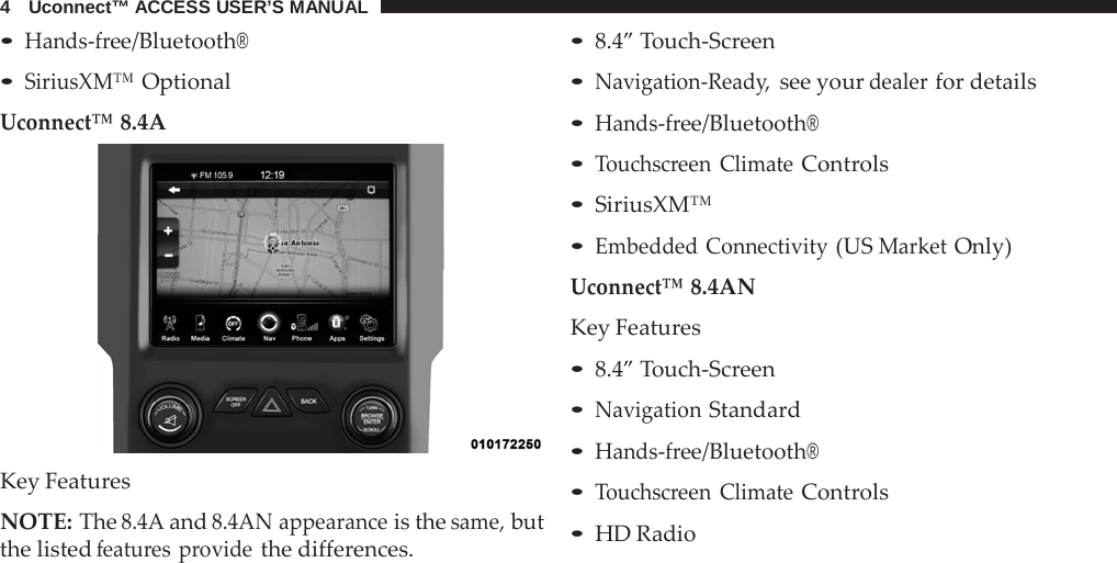 4   Uconnect™ ACCESS USER’S MANUAL  • Hands-free/Bluetooth® • SiriusXM™ Optional Uconnect™ 8.4A   Key Features  NOTE: The 8.4A and 8.4AN appearance is the same, but the listed features provide the differences. • 8.4” Touch-Screen • Navigation-Ready, see your dealer for details • Hands-free/Bluetooth® • Touchscreen Climate Controls • SiriusXM™ • Embedded Connectivity (US Market Only) Uconnect™ 8.4AN Key Features • 8.4” Touch-Screen • Navigation Standard • Hands-free/Bluetooth® • Touchscreen Climate Controls • HD Radio 