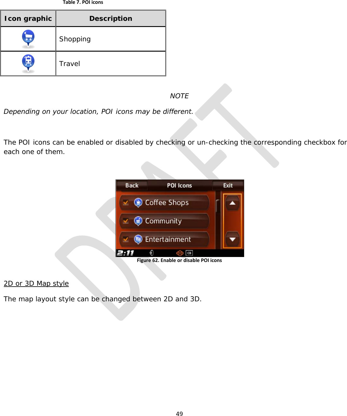  49  Table 7. POI icons Icon graphic Description  Shopping  Travel  NOTE Depending on your location, POI icons may be different.  The POI icons can be enabled or disabled by checking or un-checking the corresponding checkbox for each one of them.  Figure 62. Enable or disable POI icons  2D or 3D Map style The map layout style can be changed between 2D and 3D. 