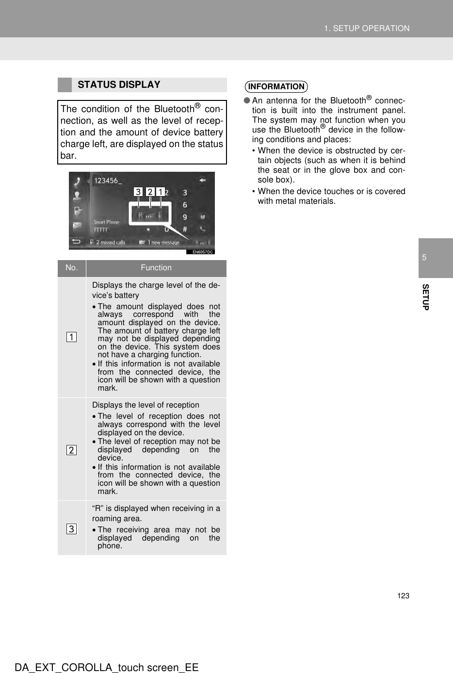 1231. SETUP OPERATION5SETUPDA_EXT_COROLLA_touch screen_EESTATUS DISPLAYThe condition of the Bluetooth® con-nection, as well as the level of recep-tion and the amount of device batterycharge left, are displayed on the statusbar.No. FunctionDisplays the charge level of the de-vice’s battery•The amount displayed does notalways correspond with theamount displayed on the device.The amount of battery charge leftmay not be displayed dependingon the device. This system doesnot have a charging function.•If this information is not availablefrom the connected device, theicon will be shown with a questionmark.Displays the level of reception•The level of reception does notalways correspond with the leveldisplayed on the device.•The level of reception may not bedisplayed depending on thedevice.•If this information is not availablefrom the connected device, theicon will be shown with a questionmark.“R” is displayed when receiving in aroaming area.•The receiving area may not bedisplayed depending on thephone.INFORMATION●An antenna for the Bluetooth® connec-tion is built into the instrument panel.The system may not function when youuse the Bluetooth® device in the follow-ing conditions and places:• When the device is obstructed by cer-tain objects (such as when it is behindthe seat or in the glove box and con-sole box).• When the device touches or is coveredwith metal materials.