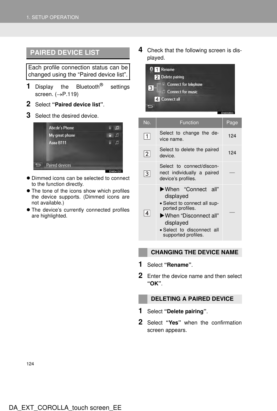 1241. SETUP OPERATIONDA_EXT_COROLLA_touch screen_EE1Display the Bluetooth® settingsscreen. (→P.119)2Select “Paired device list”.3Select the desired device.zDimmed icons can be selected to connectto the function directly.zThe tone of the icons show which profilesthe device supports. (Dimmed icons arenot available.)zThe device’s currently connected profilesare highlighted.4Check that the following screen is dis-played.1Select “Rename”.2Enter the device name and then select“OK”.1Select “Delete pairing”.2Select  “Yes”  when the confirmationscreen appears.PAIRED DEVICE LISTEach profile connection status can bechanged using the “Paired device list”.No. Function PageSelect to change the de-vice name. 124Select to delete the paireddevice. 124Select to connect/discon-nect individually a paireddevice’s profiles.XWhen “Connect all”displayed•Select to connect all sup-ported profiles.XWhen “Disconnect all”displayed•Select to disconnect allsupported profiles.CHANGING THE DEVICE NAMEDELETING A PAIRED DEVICE