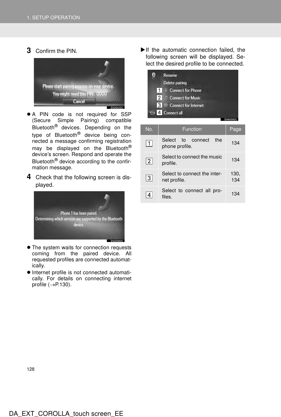 1281. SETUP OPERATIONDA_EXT_COROLLA_touch screen_EE3Confirm the PIN.zA PIN code is not required for SSP(Secure Simple Pairing) compatibleBluetooth® devices. Depending on thetype of Bluetooth® device being con-nected a message confirming registrationmay be displayed on the Bluetooth®device’s screen. Respond and operate theBluetooth® device according to the confir-mation message.4Check that the following screen is dis-played.zThe system waits for connection requestscoming from the paired device. Allrequested profiles are connected automat-ically.zInternet profile is not connected automati-cally. For details on connecting internetprofile (→P.130).XIf the automatic connection failed, thefollowing screen will be displayed. Se-lect the desired profile to be connected.No. Function PageSelect to connect thephone profile. 134Select to connect the musicprofile. 134Select to connect the inter-net profile.130, 134Select to connect all pro-files. 134