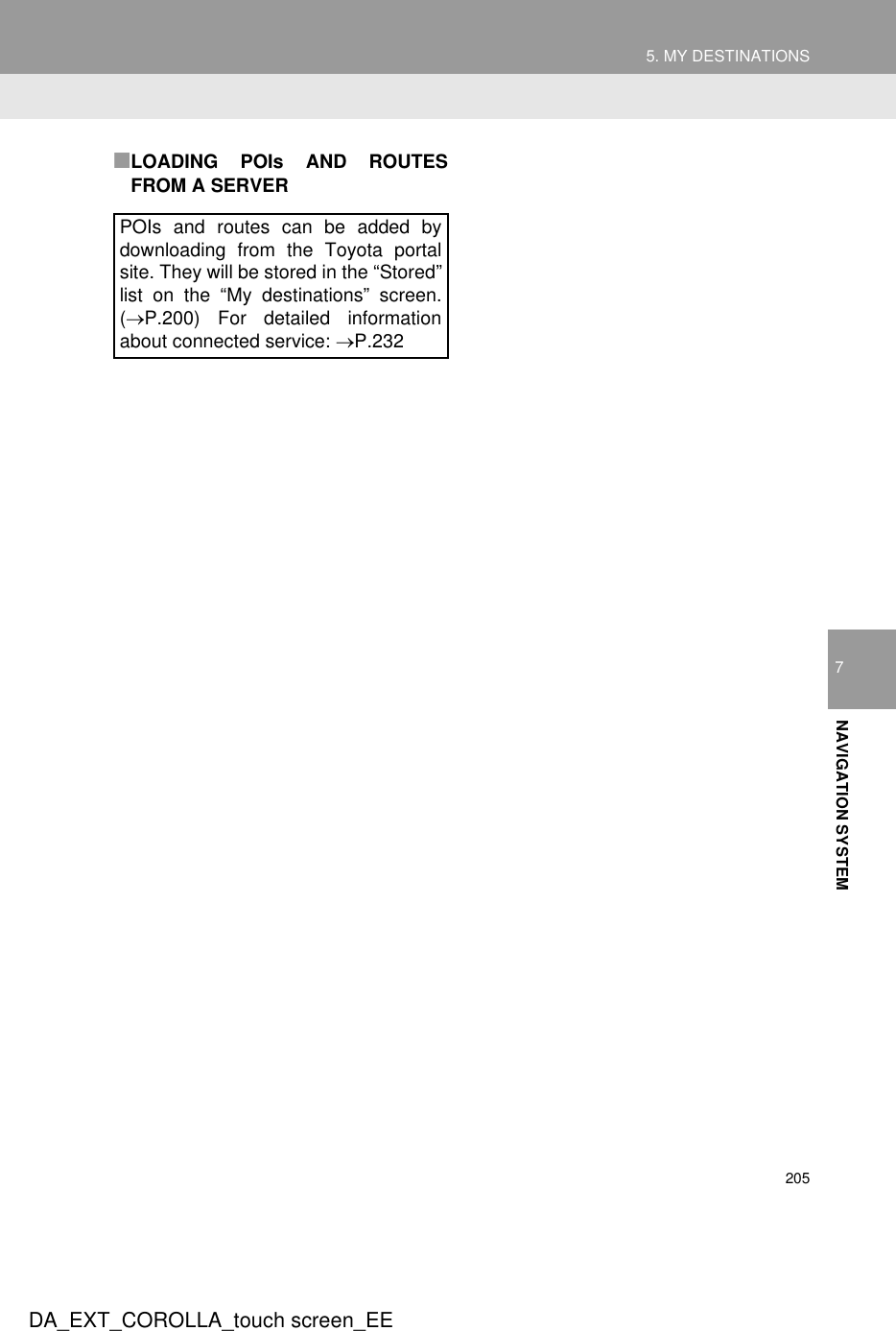 2055. MY DESTINATIONSDA_EXT_COROLLA_touch screen_EE7NAVIGATION SYSTEM■LOADING POIs AND ROUTESFROM A SERVERPOIs and routes can be added bydownloading from the Toyota portalsite. They will be stored in the “Stored”list on the “My destinations” screen.(→P.200) For detailed informationabout connected service: →P.232