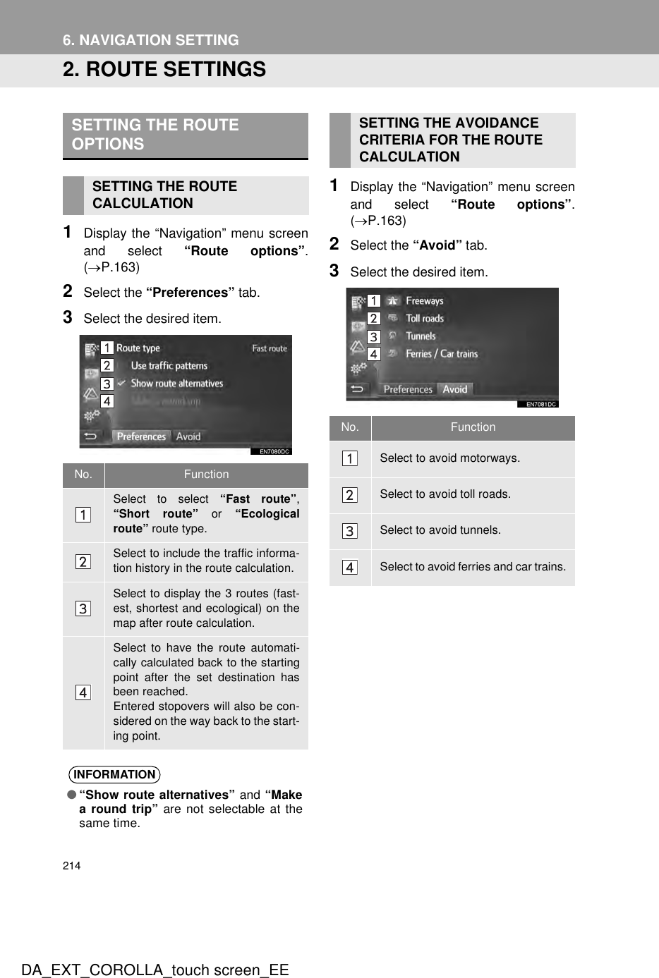 2146. NAVIGATION SETTINGDA_EXT_COROLLA_touch screen_EE2. ROUTE SETTINGS1Display the “Navigation” menu screenand select “Route options”.(→P.163)2Select the “Preferences” tab.3Select the desired item.1Display the “Navigation” menu screenand select “Route options”.(→P.163)2Select the “Avoid” tab.3Select the desired item.SETTING THE ROUTE OPTIONSSETTING THE ROUTE CALCULATIONNo. FunctionSelect to select “Fast route”,“Short route” or “Ecologicalroute” route type.Select to include the traffic informa-tion history in the route calculation.Select to display the 3 routes (fast-est, shortest and ecological) on themap after route calculation.Select to have the route automati-cally calculated back to the startingpoint after the set destination hasbeen reached.Entered stopovers will also be con-sidered on the way back to the start-ing point.INFORMATION●“Show route alternatives” and “Makea round trip” are not selectable at thesame time.SETTING THE AVOIDANCE CRITERIA FOR THE ROUTE CALCULATIONNo. FunctionSelect to avoid motorways.Select to avoid toll roads.Select to avoid tunnels.Select to avoid ferries and car trains.