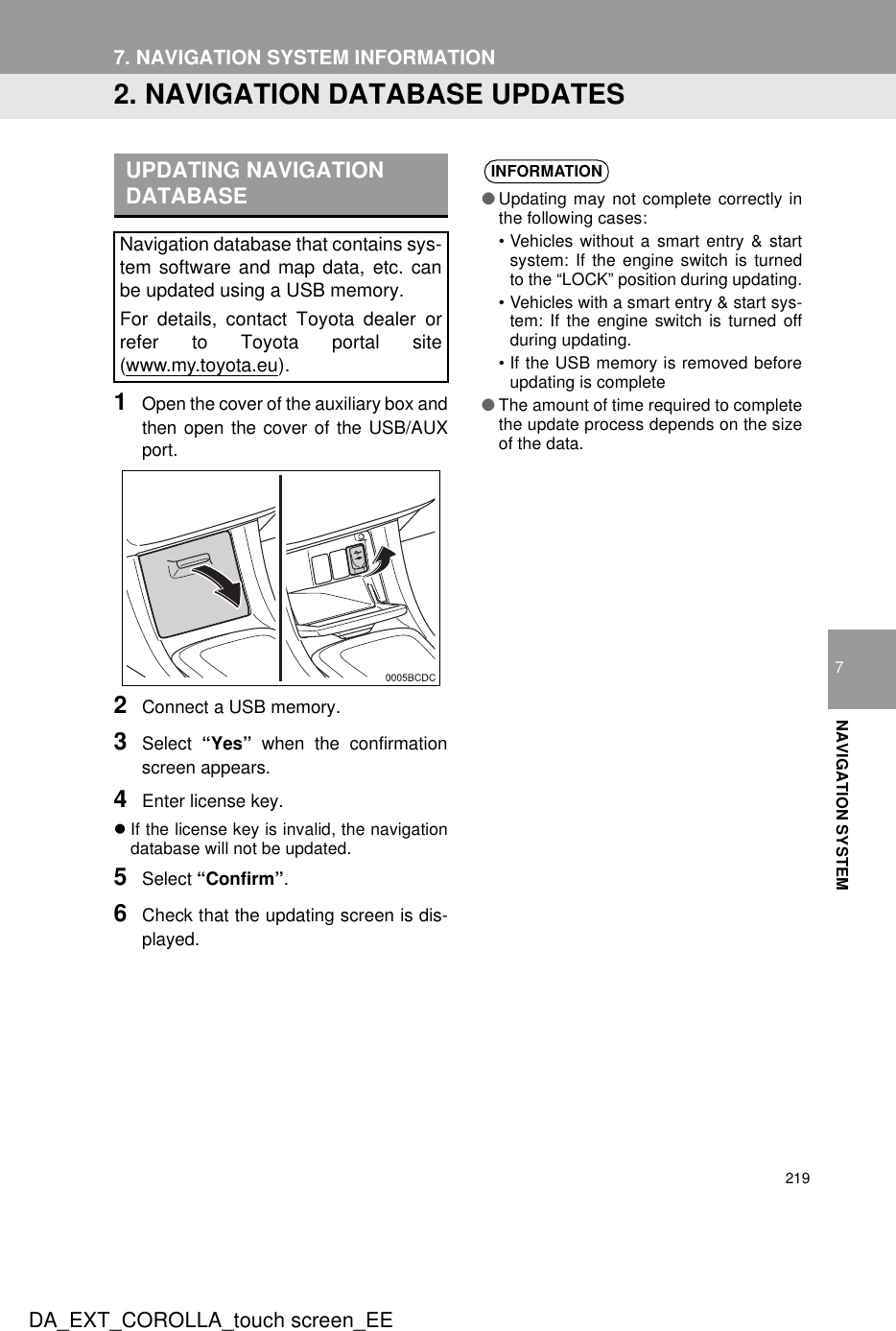 2197. NAVIGATION SYSTEM INFORMATIONDA_EXT_COROLLA_touch screen_EE7NAVIGATION SYSTEM2. NAVIGATION DATABASE UPDATES1Open the cover of the auxiliary box andthen open the cover of the USB/AUXport.2Connect a USB memory.3Select  “Yes” when the confirmationscreen appears.4Enter license key.zIf the license key is invalid, the navigationdatabase will not be updated.5Select “Confirm”.6Check that the updating screen is dis-played.UPDATING NAVIGATION DATABASENavigation database that contains sys-tem software and map data, etc. canbe updated using a USB memory.For details, contact Toyota dealer orrefer to Toyota portal site(www.my.toyota.eu).INFORMATION●Updating may not complete correctly inthe following cases:• Vehicles without a smart entry &amp; startsystem: If the engine switch is turnedto the “LOCK” position during updating.• Vehicles with a smart entry &amp; start sys-tem: If the engine switch is turned offduring updating.• If the USB memory is removed beforeupdating is complete●The amount of time required to completethe update process depends on the sizeof the data.