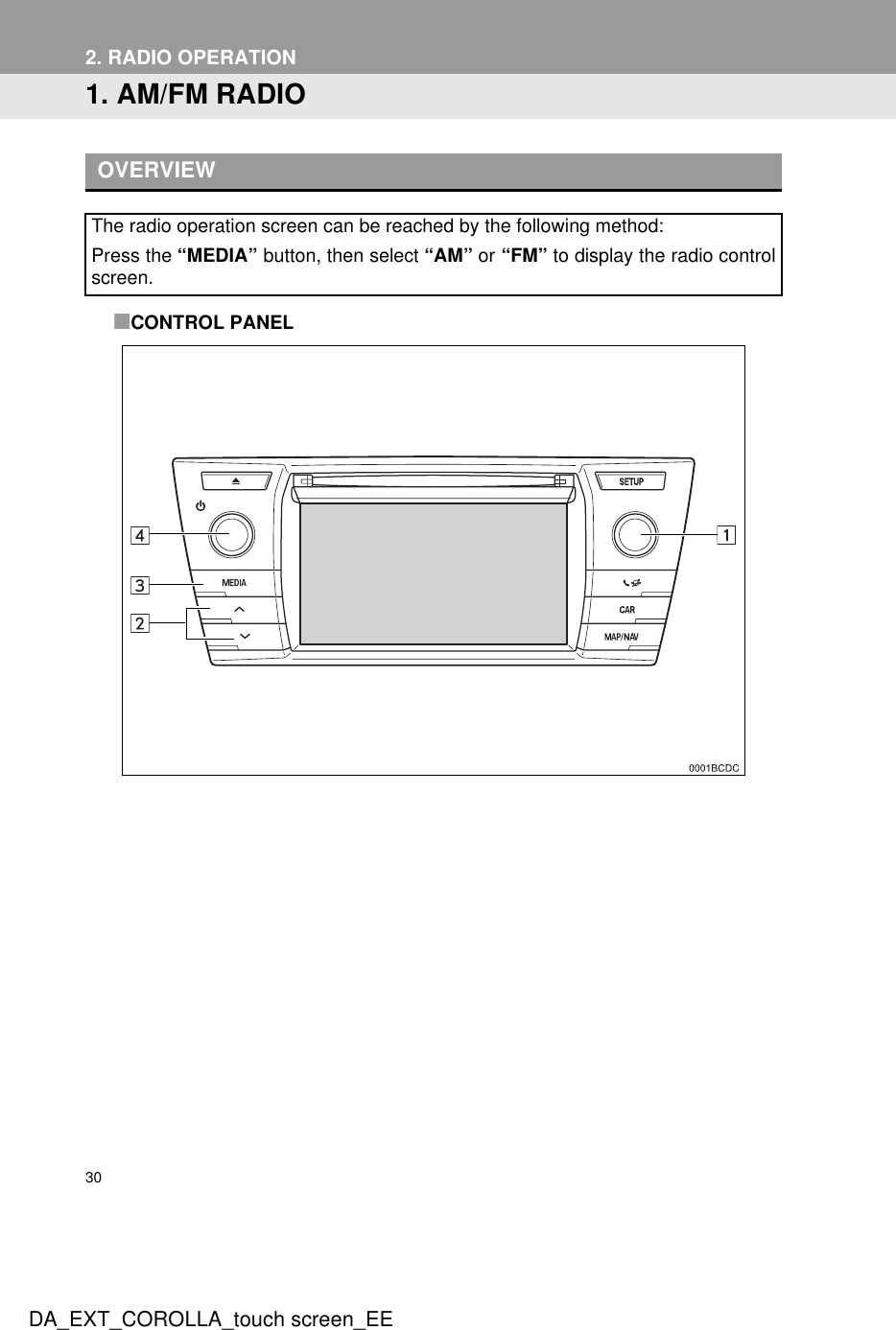 30DA_EXT_COROLLA_touch screen_EE2. RADIO OPERATION1. AM/FM RADIO■CONTROL PANELOVERVIEWThe radio operation screen can be reached by the following method:Press the “MEDIA” button, then select “AM” or “FM” to display the radio controlscreen.