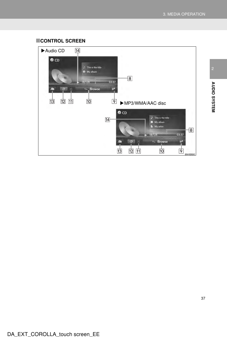 373. MEDIA OPERATIONDA_EXT_COROLLA_touch screen_EE2AUDIO SYSTEM■CONTROL SCREENXAudio CDXMP3/WMA/AAC disc