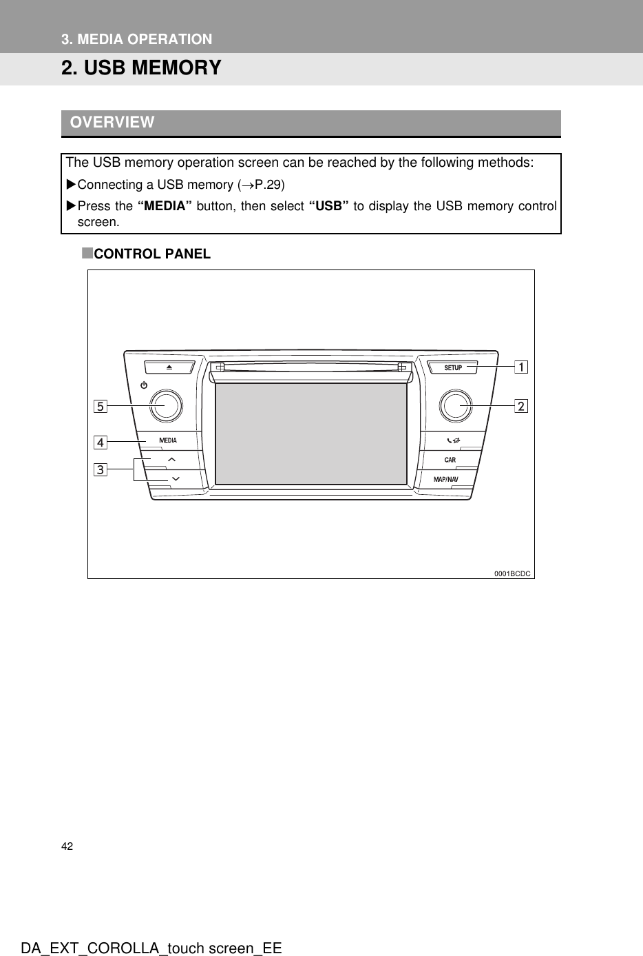 42DA_EXT_COROLLA_touch screen_EE3. MEDIA OPERATION2. USB MEMORY■CONTROL PANELOVERVIEWThe USB memory operation screen can be reached by the following methods: XConnecting a USB memory (→P.29)XPress the “MEDIA” button, then select “USB” to display the USB memory controlscreen.