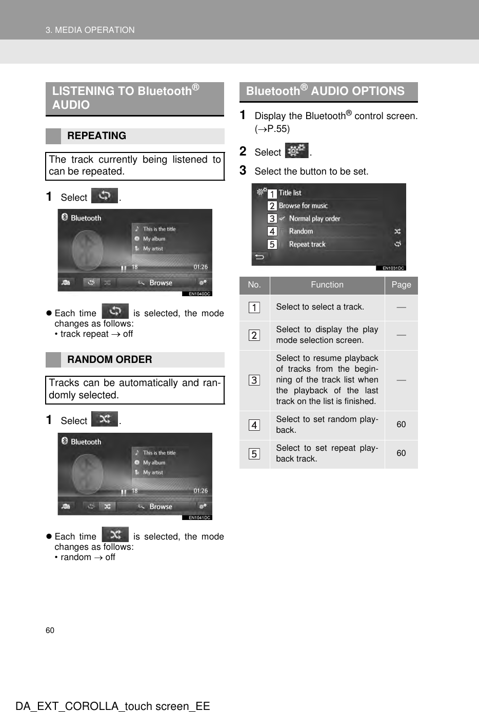 603. MEDIA OPERATIONDA_EXT_COROLLA_touch screen_EE1Select .zEach time   is selected, the modechanges as follows:• track repeat → off1Select .zEach time   is selected, the modechanges as follows:• random → off1Display the Bluetooth® control screen.(→P.55)2Select .3Select the button to be set.LISTENING TO Bluetooth® AUDIOREPEATINGThe track currently being listened tocan be repeated.RANDOM ORDERTracks can be automatically and ran-domly selected.Bluetooth® AUDIO OPTIONSNo. Function PageSelect to select a track. Select to display the playmode selection screen. Select to resume playbackof tracks from the begin-ning of the track list whenthe playback of the lasttrack on the list is finished.Select to set random play-back. 60Select to set repeat play-back track. 60