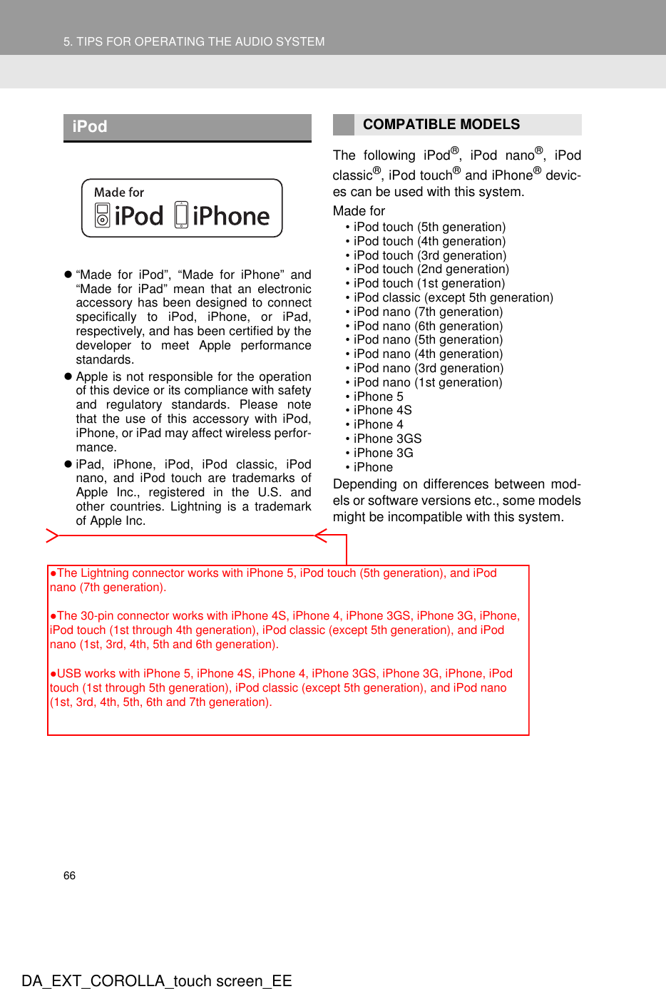 665. TIPS FOR OPERATING THE AUDIO SYSTEMDA_EXT_COROLLA_touch screen_EEz“Made for iPod”, “Made for iPhone” and“Made for iPad” mean that an electronicaccessory has been designed to connectspecifically to iPod, iPhone, or iPad,respectively, and has been certified by thedeveloper to meet Apple performancestandards.zApple is not responsible for the operationof this device or its compliance with safetyand regulatory standards. Please notethat the use of this accessory with iPod,iPhone, or iPad may affect wireless perfor-mance.ziPad, iPhone, iPod, iPod classic, iPodnano, and iPod touch are trademarks ofApple Inc., registered in the U.S. andother countries. Lightning is a trademarkof Apple Inc.The following iPod®, iPod nano®, iPodclassic®, iPod touch® and iPhone® devic-es can be used with this system.Made for• iPod touch (5th generation)• iPod touch (4th generation)• iPod touch (3rd generation)• iPod touch (2nd generation)• iPod touch (1st generation)• iPod classic (except 5th generation)• iPod nano (7th generation)• iPod nano (6th generation)• iPod nano (5th generation)• iPod nano (4th generation)• iPod nano (3rd generation)• iPod nano (1st generation)• iPhone 5• iPhone 4S• iPhone 4• iPhone 3GS• iPhone 3G•iPhoneDepending on differences between mod-els or software versions etc., some modelsmight be incompatible with this system.iPod COMPATIBLE MODELS●The Lightning connector works with iPhone 5, iPod touch (5th generation), and iPod nano (7th generation).   ●The 30-pin connector works with iPhone 4S, iPhone 4, iPhone 3GS, iPhone 3G, iPhone, iPod touch (1st through 4th generation), iPod classic (except 5th generation), and iPod nano (1st, 3rd, 4th, 5th and 6th generation).   ●USB works with iPhone 5, iPhone 4S, iPhone 4, iPhone 3GS, iPhone 3G, iPhone, iPod touch (1st through 5th generation), iPod classic (except 5th generation), and iPod nano (1st, 3rd, 4th, 5th, 6th and 7th generation).