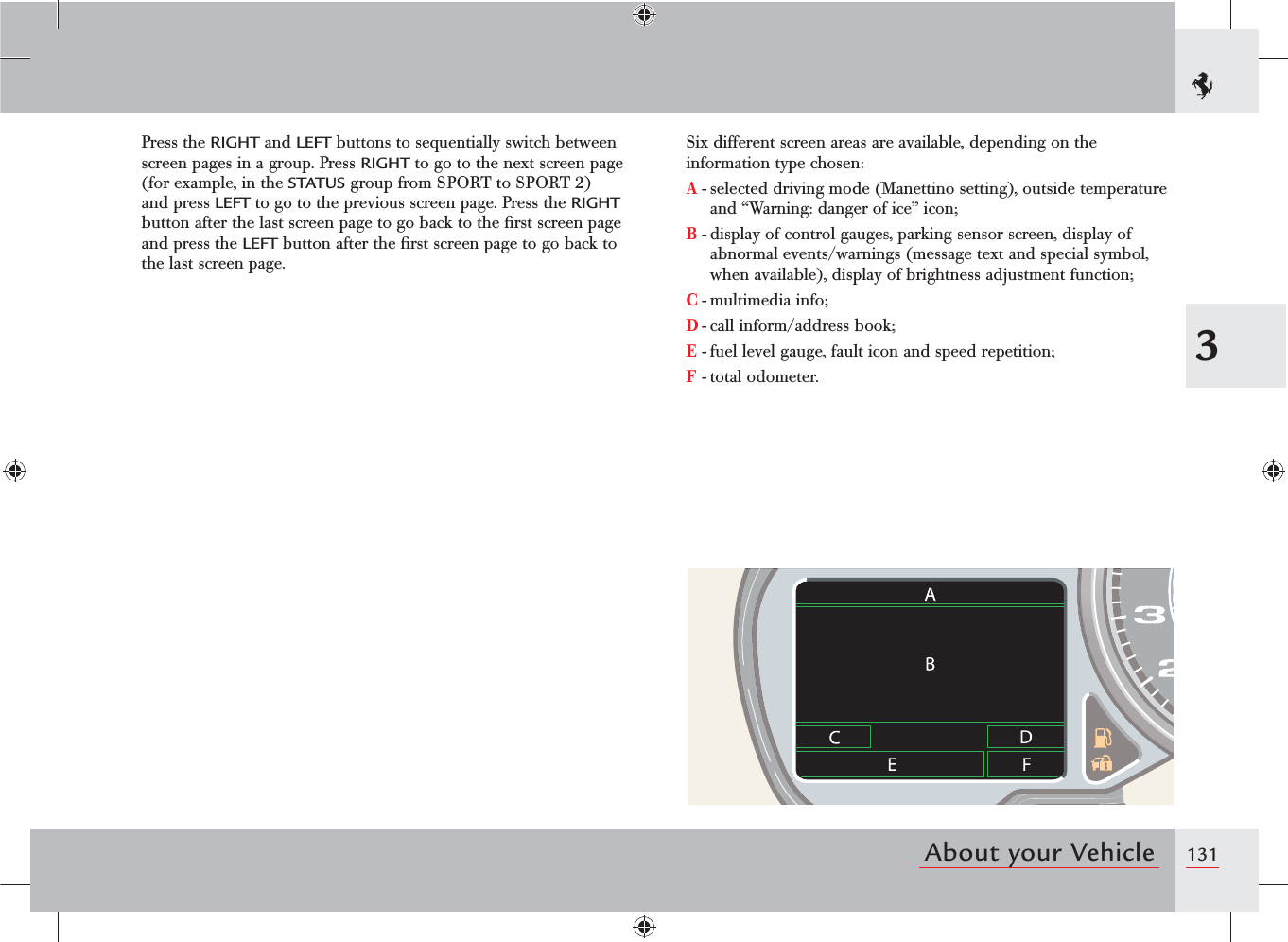 1313About your VehiclePress the RIGHT and LEFT buttons to sequentially switch between screen pages in a group. Press RIGHT to go to the next screen page (for example, in the STATUS group from SPORT to SPORT 2) and press LEFT to go to the previous screen page. Press the RIGHT button after the last screen page to go back to the ﬁrst screen page and press the LEFT button after the ﬁrst screen page to go back to the last screen page.Six different screen areas are available, depending on the information type chosen:A - selected driving mode (Manettino setting), outside temperature and “Warning: danger of ice” icon;B - display of control gauges, parking sensor screen, display of abnormal events/warnings (message text and special symbol, when available), display of brightness adjustment function;C - multimedia info;D - call inform/address book;E - fuel level gauge, fault icon and speed repetition;F - total odometer.