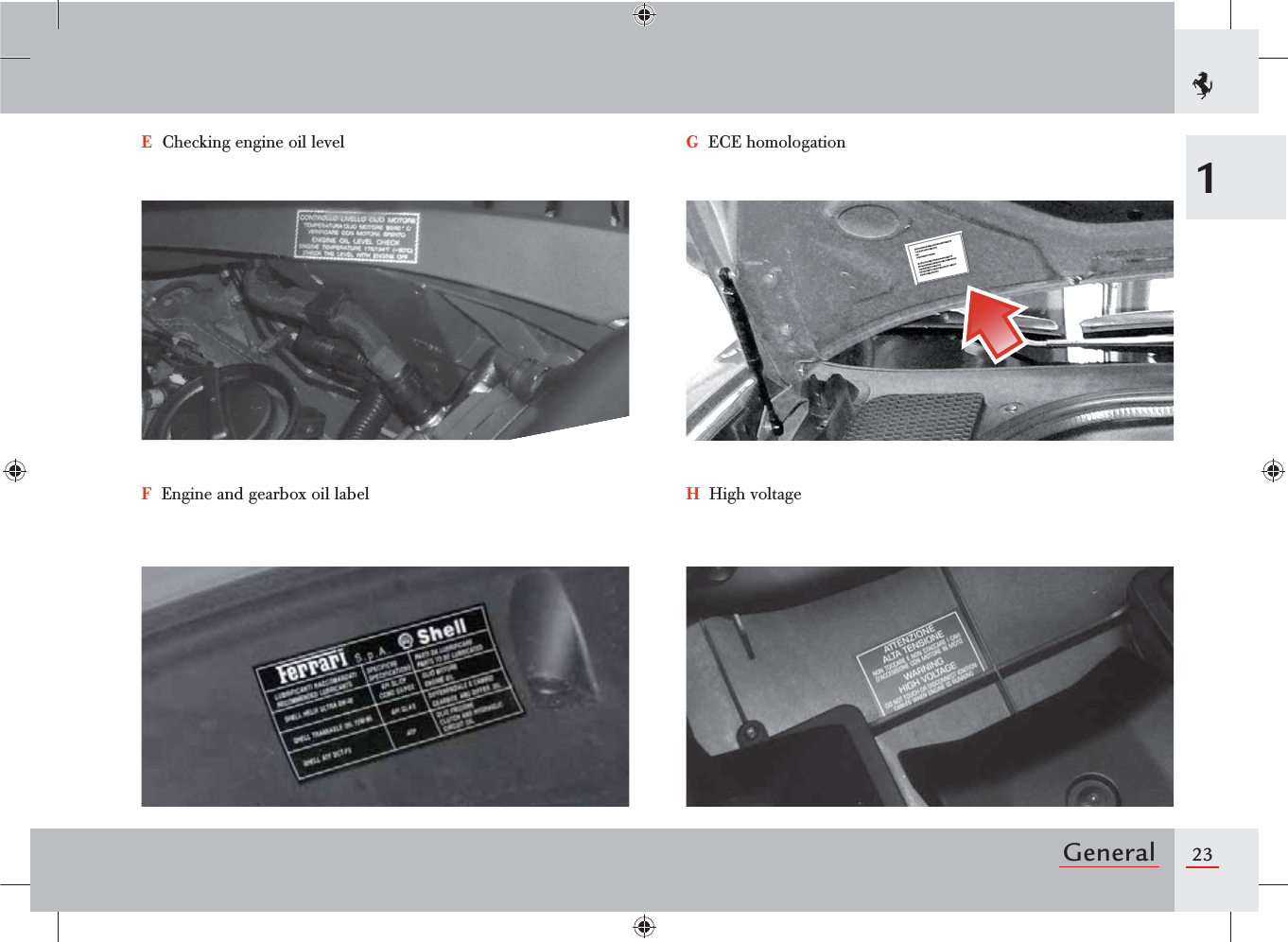 23General1E  Checking engine oil levelF  Engine and gearbox oil labelG  ECE homologationH  High voltage