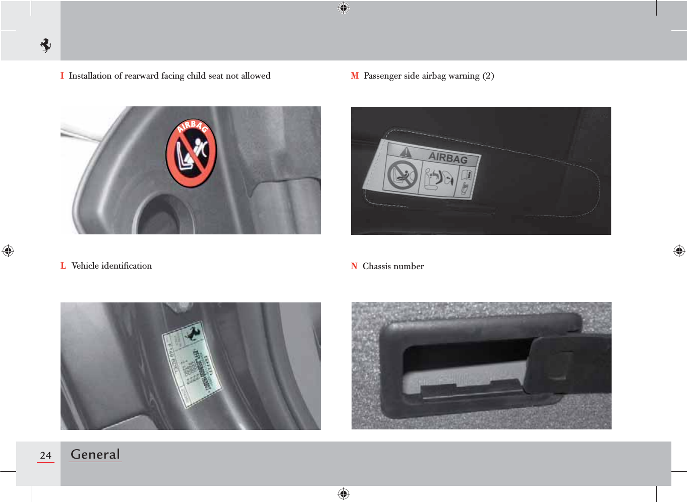 24 GeneralI  Installation of rearward facing child seat not allowedL  Vehicle identiﬁcationM  Passenger side airbag warning (2)N  Chassis number