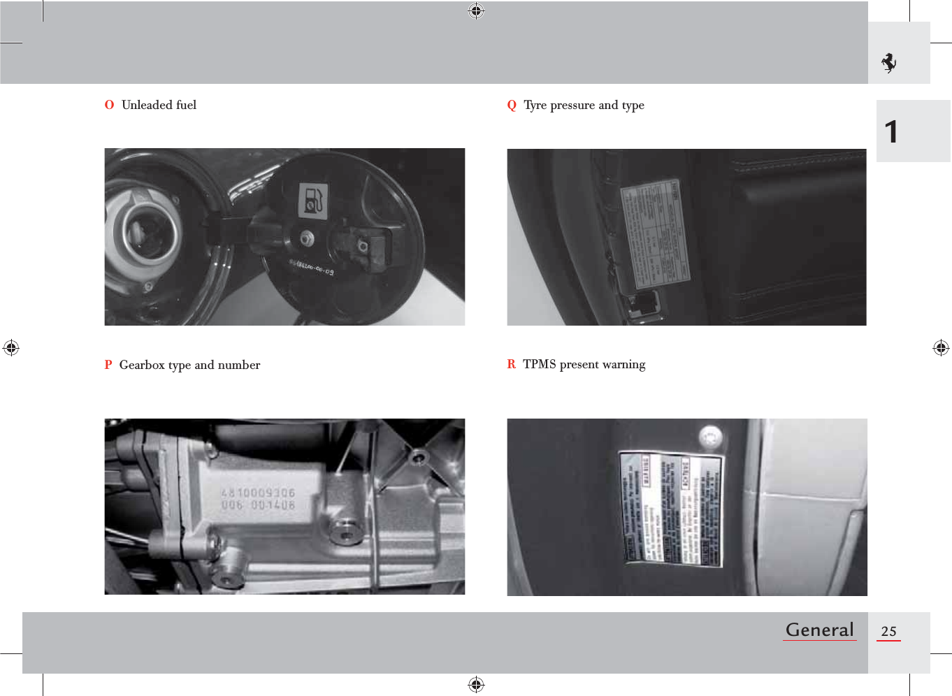 25General1O  Unleaded fuelP  Gearbox type and numberQ  Tyre pressure and typeR  TPMS present warning