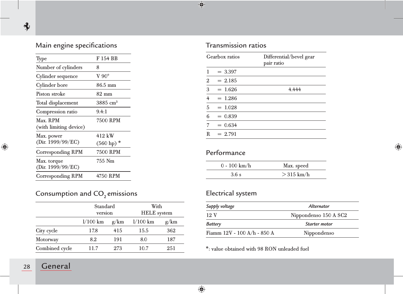 28 GeneralMain engine speciﬁcationsType F 154 BBNumber of cylinders 8Cylinder sequence V 90°Cylinder bore 86.5 mmPiston stroke 82 mmTotal displacement 3885 cm3Compression ratio 9.4:1Max. RPM (with limiting device)7500 RPM Max. power  (Dir. 1999/99/EC)412 kW (560 hp) *Corresponding RPM 7500 RPM Max. torque  (Dir. 1999/99/EC)755 NmCorresponding RPM 4750 RPM Consumption and CO2 emissionsStandard  versionWith HELE systeml/100 km g/km l/100 km g/kmCity cycle 17.8 415 15.5 362Motorway 8.2 191 8.0 187Combined cycle 11.7 273 10.7 251Transmission ratiosGearbox ratios Differential/bevel gear  pair ratio1 = 3.3972 = 2.1853 = 1.626 4.4444 = 1.2865 = 1.0286 = 0.8397 = 0.634R = 2.791Performance0 - 100 km/h Max. speed3.6 s &gt; 315 km/hElectrical systemSupply voltage Alternator12 V Nippondenso 150 A SC2Battery Starter motorFiamm 12V - 100 A/h - 850 A Nippondenso*: value obtained with 98 RON unleaded fuel