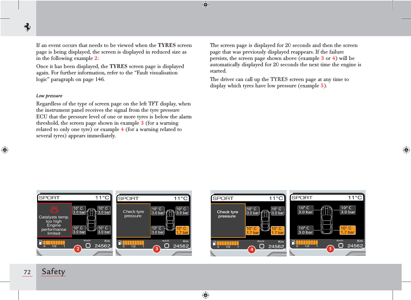 72 Safety5The screen page is displayed for 20 seconds and then the screen page that was previously displayed reappears. If the failure persists, the screen page shown above (example 3 or 4) will be automatically displayed for 20 seconds the next time the engine is started.The driver can call up the TYRES screen page at any time to display which tyres have low pressure (example 5).If an event occurs that needs to be viewed when the TYRES screen page is being displayed, the screen is displayed in reduced size as in the following example 2:Once it has been displayed, the TYRES screen page is displayed again. For further information, refer to the “Fault visualisation logic” paragraph on page 146.Low pressureRegardless of the type of screen page on the left TFT display, when the instrument panel receives the signal from the tyre pressure ECU that the pressure level of one or more tyres is below the alarm threshold, the screen page shown in example 3 (for a warning related to only one tyre) or example 4 (for a warning related to several tyres) appears immediately.2Catalysts temp.too highEngineperformancelimited3Check tyrepressure4Check tyrepressure