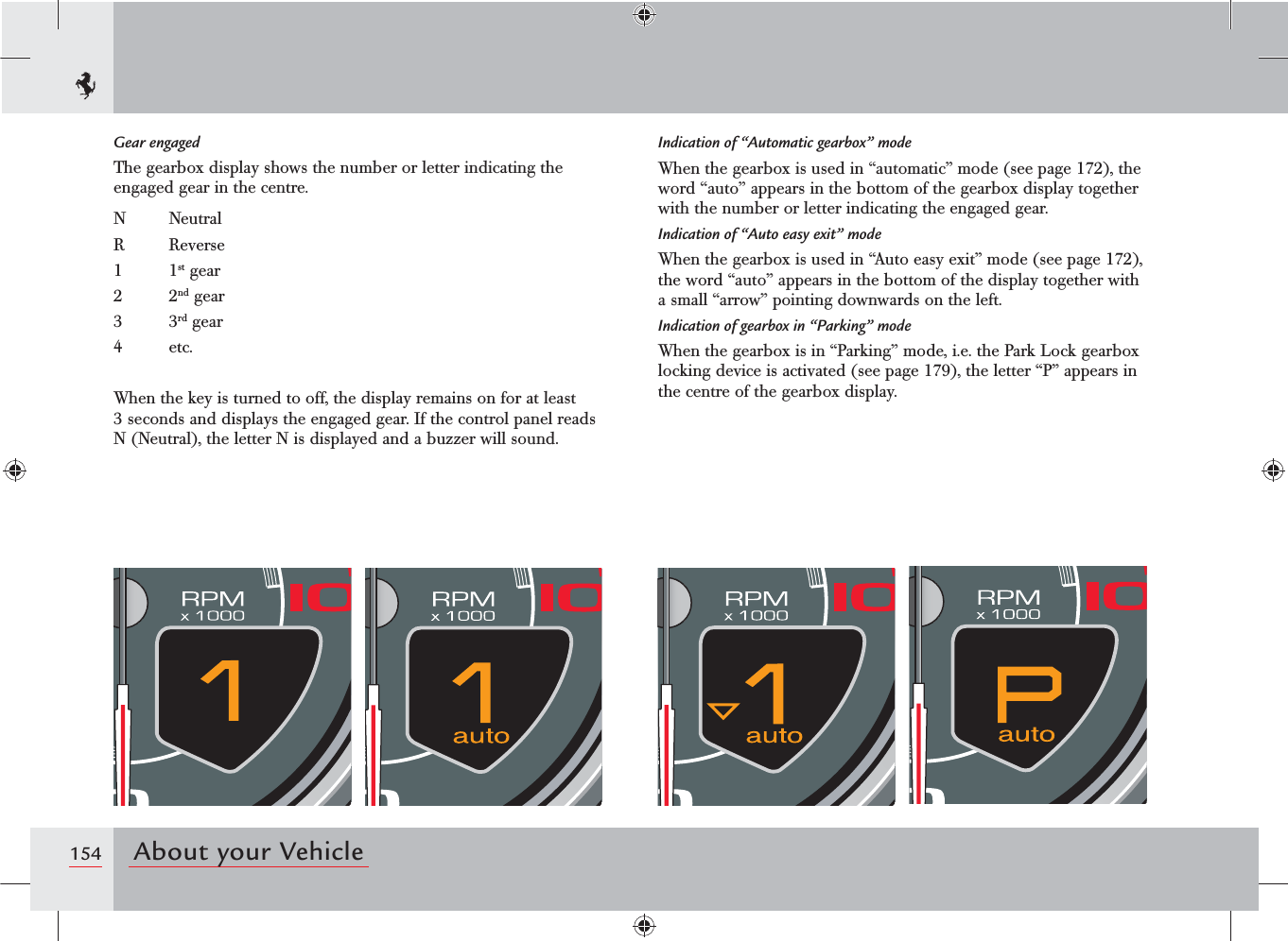 154 About your VehicleIndication of “Automatic gearbox” modeWhen the gearbox is used in “automatic” mode (see page 172), the word “auto” appears in the bottom of the gearbox display together with the number or letter indicating the engaged gear.Indication of “Auto easy exit” modeWhen the gearbox is used in “Auto easy exit” mode (see page 172), the word “auto” appears in the bottom of the display together with a small “arrow” pointing downwards on the left.Indication of gearbox in “Parking” modeWhen the gearbox is in “Parking” mode, i.e. the Park Lock gearbox locking device is activated (see page 179), the letter “P” appears in the centre of the gearbox display.Gear engagedThe gearbox display shows the number or letter indicating the engaged gear in the centre.N NeutralR Reverse1 1st gear2 2nd gear3 3rd gear4 etc.When the key is turned to off, the display remains on for at least 3 seconds and displays the engaged gear. If the control panel reads N (Neutral), the letter N is displayed and a buzzer will sound.