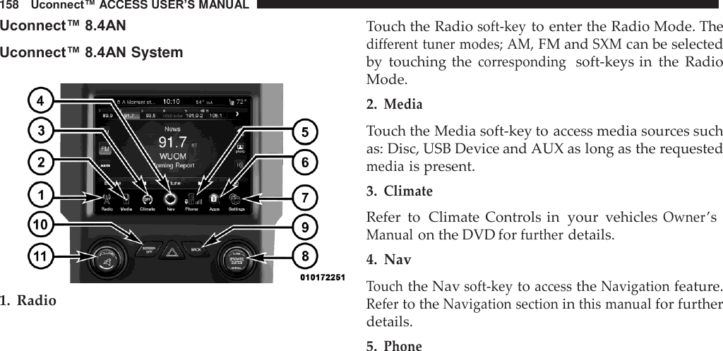 158   Uconnect™ ACCESS USER’S MANUAL  Uconnect™ 8.4AN Uconnect™ 8.4AN System    1.  Radio Touch the Radio soft-key to enter the Radio Mode. The different tuner modes; AM, FM and SXM can be selected by  touching the corresponding  soft-keys in  the  Radio Mode. 2. Media  Touch the Media soft-key to access media sources such as: Disc, USB Device and AUX as long as the requested media is present. 3. Climate Refer  to  Climate  Controls in  your  vehicles Owner ’s Manual on the DVD for further details. 4.  Nav  Touch the Nav soft-key to access the Navigation feature. Refer to the Navigation section in this manual for further details. 5. Phone 
