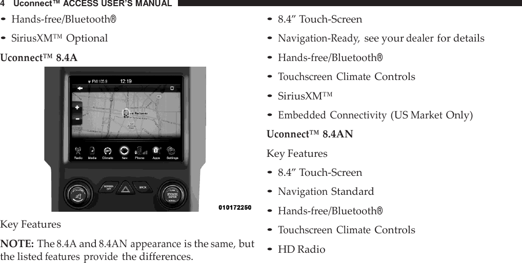 4   Uconnect™ ACCESS USER’S MANUAL  • Hands-free/Bluetooth® • SiriusXM™ Optional Uconnect™ 8.4A   Key Features  NOTE: The 8.4A and 8.4AN appearance is the same, but the listed features  provide the differences. • 8.4” Touch-Screen • Navigation-Ready, see your dealer for details • Hands-free/Bluetooth® • Touchscreen  Climate Controls • SiriusXM™ • Embedded Connectivity (US Market Only) Uconnect™ 8.4AN Key Features • 8.4” Touch-Screen • Navigation Standard • Hands-free/Bluetooth® • Touchscreen  Climate Controls • HD Radio 