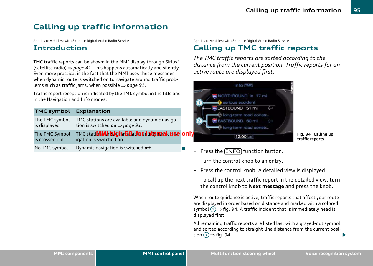 Calling up traffic information 95MMI components MMI control panel Multifunction steering wheel Voice recognition systemCalling up traffic informationApplies to vehicles: with Satellite Digital Audio Radio ServiceIntroductionTMC traffic reports can be shown in the MMI display through Sirius* (satellite radio) ⇒page 41. This happens automatically and silently. Even more practical is the fact that the MMI uses these messages when dynamic route is switched on to navigate around traffic prob-lems such as traffic jams, when possible ⇒page 91.Traffic report reception is indicated by the TMC symbol in the title line in the Navigation and Info modes:Applies to vehicles: with Satellite Digital Audio Radio ServiceCalling up TMC traffic reportsThe TMC traffic reports are sorted according to the distance from the current position. Traffic reports for an active route are displayed first.– Press the   function button.– Turn the control knob to an entry.– Press the control knob. A detailed view is displayed.– To call up the next traffic report in the detailed view, turn the control knob to Next message and press the knob.When route guidance is active, traffic reports that affect your route are displayed in order based on distance and marked with a colored symbol  ⇒fig. 94. A traffic incident that is immediately head is displayed first.All remaining traffic reports are listed last with a grayed-out symbol and sorted according to straight-line distance from the current posi-tion  ⇒fig. 94.TMC symbol ExplanationThe TMC symbolis displayedTMC stations are available and dynamic naviga-tion is switched on ⇒page 91.The TMC Symbolis crossed outTMC stations are not available and dynamic nav-igation is switched on.No TMC symbol Dynamic navigation is switched off.Fig. 94  Calling up traffic reportsINFOA1A2MMI high B8, for internal use only