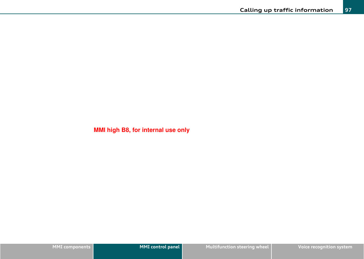 Calling up traffic information 97MMI components MMI control panel Multifunction steering wheel Voice recognition systemMMI high B8, for internal use only