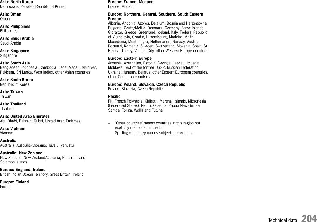 Technical data 204Asia: North KoreaDemocratic People’s Republic of KoreaAsia: OmanOmanAsia: PhilippinesPhilippinesAsia: Saudi ArabiaSaudi ArabiaAsia: SingaporeSingaporeAsia: South AsiaBangladesh, Indonesia, Cambodia, Laos, Macau, Maldives, Pakistan, Sri Lanka, West Indies, other Asian countriesAsia: South KoreaRepublic of KoreaAsia: TaiwanTaiwanAsia: ThailandThailandAsia: United Arab EmiratesAbu Dhabi, Bahrain, Dubai, United Arab EmiratesAsia: VietnamVietnamAustraliaAustralia, Australia/Oceania, Tuvalu, VanuatuAustralia: New ZealandNew Zealand, New Zealand/Oceania, Pitcairn Island, Solomon IslandsEurope: England, IrelandBritish Indian Ocean Territory, Great Britain, IrelandEurope: FinlandFinlandEurope: France, MonacoFrance, MonacoEurope: Northern, Central, Southern, South Eastern EuropeAlbania, Andorra, Azores, Belgium, Bosnia and Herzegovina, Bulgaria, Ceuta/Melilla, Denmark, Germany, Faroe Islands, Gibraltar, Greece, Greenland, Iceland, Italy, Federal Republic of Yugoslavia, Croatia, Luxembourg, Madeira, Malta, Macedonia, Montenegro, Netherlands, Norway, Austria, Portugal, Romania, Sweden, Switzerland, Slovenia, Spain, St. Helena, Turkey, Vatican City, other Western Europe countriesEurope: Eastern EuropeArmenia, Azerbaijan, Estonia, Georgia, Latvia, Lithuania, Moldavia, rest of the former USSR, Russian Federation, Ukraine, Hungary, Belarus, other Eastern European countries, other Comecon countriesEurope: Poland, Slovakia, Czech RepublicPoland, Slovakia, Czech RepublicPacificFiji, French Polynesia, Kiribati , Marshall Islands, Micronesia (Federated States), Nauru, Oceania, Papua New Guinea, Samoa, Tonga, Wallis and Futuna– &quot;Other countries&quot; means countries in this region not explicitly mentioned in the list– Spelling of country names subject to correction