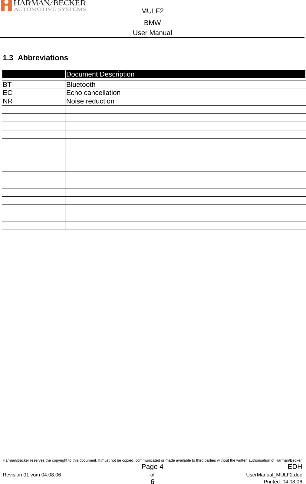  MULF2 BMW User Manual  Harman/Becker reserves the copyright to this document. It must not be copied, communicated or made available to third parties without the written authorisation of Harman/Becker   Page 4   - EDHRevision 01 vom 04.08.06  of  UserManual_MULF2.doc 6 Printed: 04.08.06 1.3 Abbreviations  Document Description  BT  Bluetooth EC  Echo cancellation NR   Noise reduction                                                