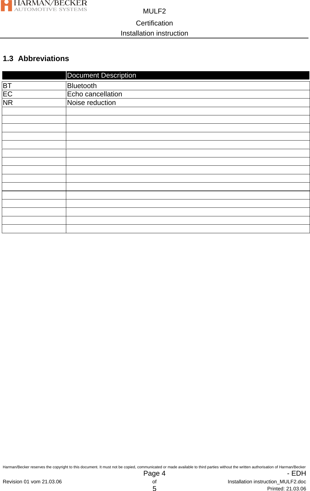  MULF2 Certification Installation instruction  Harman/Becker reserves the copyright to this document. It must not be copied, communicated or made available to third parties without the written authorisation of Harman/Becker   Page 4   - EDHRevision 01 vom 21.03.06  of  Installation instruction_MULF2.doc 5 Printed: 21.03.06 1.3 Abbreviations  Document Description  BT  Bluetooth EC  Echo cancellation NR   Noise reduction                                                