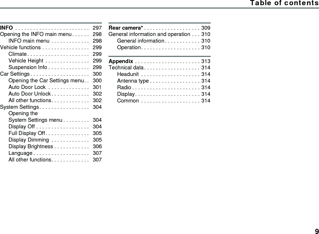 Table of contents9INFO  . . . . . . . . . . . . . . . . . . . . . . . . .  297Opening the INFO main menu. . . . . .  298INFO main menu . . . . . . . . . . . . .  298Vehicle functions . . . . . . . . . . . . . . . .  299Climate. . . . . . . . . . . . . . . . . . . . .  299Vehicle Height . . . . . . . . . . . . . . .  299Suspension Info . . . . . . . . . . . . . .  299Car Settings . . . . . . . . . . . . . . . . . . . .  300Opening the Car Settings menu. .  300Auto Door Lock  . . . . . . . . . . . . . .  301Auto Door Unlock. . . . . . . . . . . . .  302All other functions. . . . . . . . . . . . .  302System Settings. . . . . . . . . . . . . . . . .  304Opening the System Settings menu . . . . . . . . .  304Display Off . . . . . . . . . . . . . . . . . .  304Full Display Off. . . . . . . . . . . . . . .  305Display Dimming  . . . . . . . . . . . . .  305Display Brightness . . . . . . . . . . . .  306Language . . . . . . . . . . . . . . . . . . .  307All other functions. . . . . . . . . . . . .  307Rear camera* . . . . . . . . . . . . . . . . . . . 309General information and operation . . . 310General information. . . . . . . . . . . . 310Operation. . . . . . . . . . . . . . . . . . . . 310Appendix . . . . . . . . . . . . . . . . . . . . . . 313Technical data. . . . . . . . . . . . . . . . . . . 314Headunit  . . . . . . . . . . . . . . . . . . . . 314Antenna type . . . . . . . . . . . . . . . . . 314Radio . . . . . . . . . . . . . . . . . . . . . . . 314Display. . . . . . . . . . . . . . . . . . . . . . 314Common . . . . . . . . . . . . . . . . . . . . 314