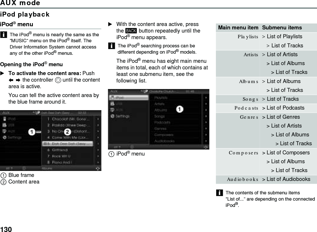 130AUX modeiPod playbackiPod® menuThe iPod® menu is nearly the same as the “MUSIC” menu on the iPod® itself. The Driver Information System cannot access any of the other iPod® menus.Opening the iPod® menu To activate the content area: Push the controller  until the content area is active.You can tell the active content area by the blue frame around it.Blue frameContent areaWith the content area active, press the  button repeatedly until the iPod® menu appears.The iPod® searching process can be different depending on iPod® models.The iPod® menu has eight main menu items in total, each of which contains at least one submenu item, see the following list. iPod® menuThe contents of the submenu items “List of...” are depending on the connected iPod®.Main menu item Submenu itemsPlaylists &gt; List of Playlists &gt; List of Tracks Artists &gt; List of Artists &gt; List of Albums &gt; List of Tracks Albums &gt; List of Albums &gt; List of Tracks Songs &gt; List of Tracks Podcasts &gt; List of Podcasts Genres &gt; List of Genres &gt; List of Artists &gt; List of Albums &gt; List of Tracks Composers &gt; List of Composers &gt; List of Albums &gt; List of Tracks Audiobooks &gt; List of Audiobooks 