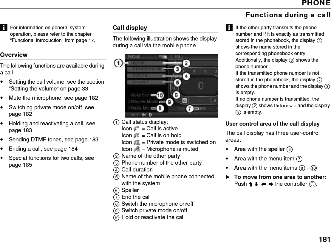 181PHONEFunctions during a callFor information on general system operation, please refer to the chapter “Functional introduction” from page 17.OverviewThe following functions are available during a call:Setting the call volume, see the section “Setting the volume” on page 33Mute the microphone, see page 182Switching private mode on/off, see page 182Holding and reactivating a call, see page 183Sending DTMF tones, see page 183Ending a call, see page 184Special functions for two calls, see page 185Call displayThe following illustration shows the display during a call via the mobile phone.Call status display:Icon  = Call is active Icon  = Call is on hold Icon  = Private mode is switched on Icon  = Microphone is muted Name of the other party Phone number of the other party Call duration Name of the mobile phone connected with the system SpellerEnd the callSwitch the microphone on/offSwitch private mode on/offHold or reactivate the callIf the other party transmits the phone number and if it is exactly as transmitted stored in the phonebook, the display  shows the name stored in the corresponding phonebook entry. Additionally, the display  shows the phone number. If the transmitted phone number is not stored in the phonebook, the display  shows the phone number and the display  is empty. If no phone number is transmitted, the display  shows Unknown and the display  is empty. User control area of the call display The call display has three user-control areas: Area with the speller  Area with the menu item  Area with the menu items  -  To move from one area to another: Push    the controller . 