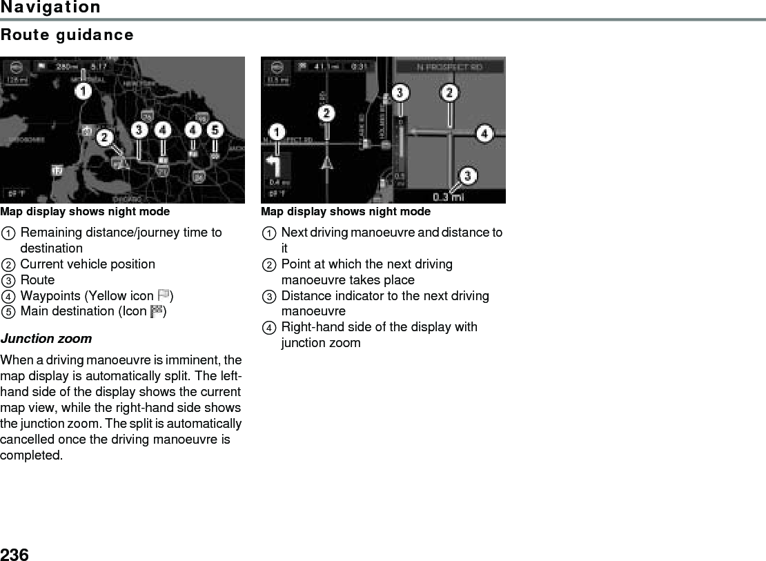 236NavigationRoute guidanceMap display shows night modeRemaining distance/journey time to destinationCurrent vehicle positionRouteWaypoints (Yellow icon )Main destination (Icon )Junction zoomWhen a driving manoeuvre is imminent, the map display is automatically split. The left-hand side of the display shows the current map view, while the right-hand side shows the junction zoom. The split is automatically cancelled once the driving manoeuvre is completed.Map display shows night modeNext driving manoeuvre and distance to itPoint at which the next driving manoeuvre takes placeDistance indicator to the next driving manoeuvreRight-hand side of the display with junction zoom