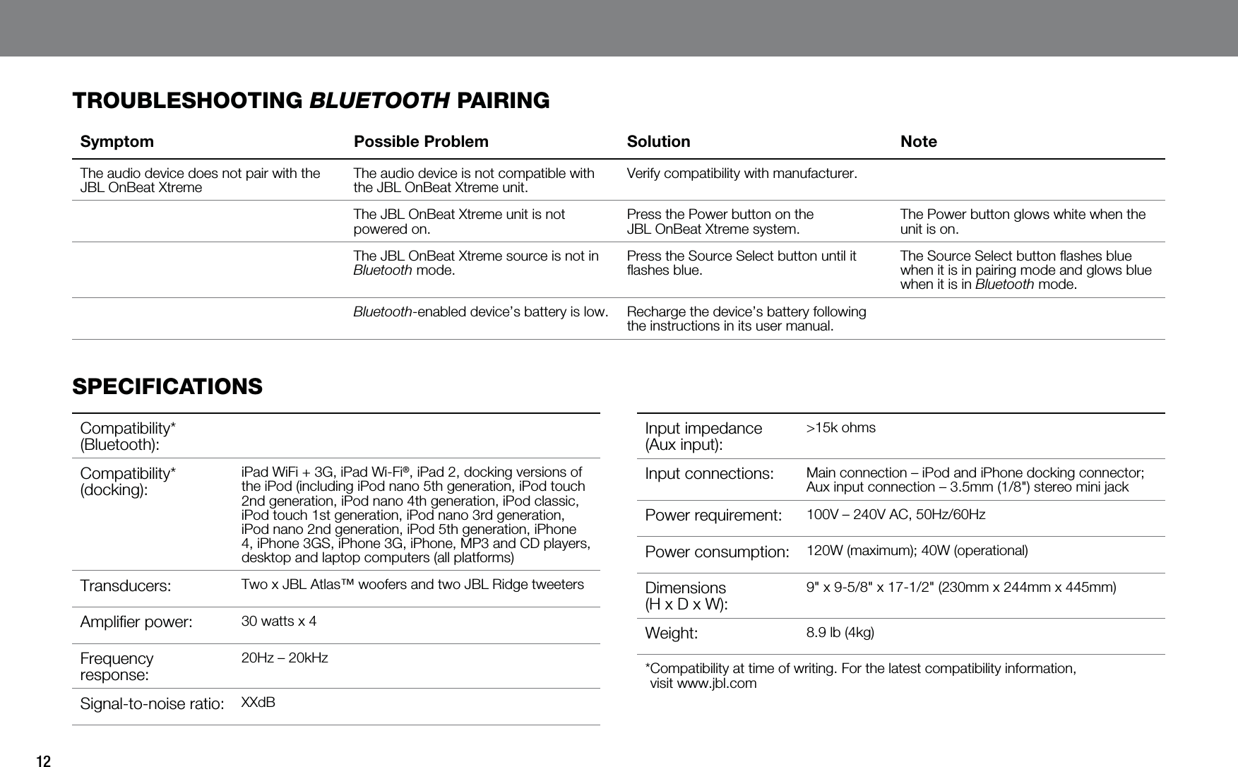 12TROUBLESHOOTING BLUETOOTH PAIRINGSymptom Possible Problem Solution NoteThe audio device does not pair with the JBL OnBeat Xtreme The audio device is not compatible with the JBL OnBeat Xtreme unit.Verify compatibility with manufacturer.The JBL OnBeat Xtreme unit is not powered on.Press the Power button on the JBL OnBeat Xtreme system. The Power button glows white when the unit is on.The JBL OnBeat Xtreme source is not in Bluetooth mode.Press the Source Select button until it ﬂashes blue.The Source Select button ﬂashes blue when it is in pairing mode and glows blue when it is in Bluetooth mode.Bluetooth-enabled device’s battery is low. Recharge the device’s battery following the instructions in its user manual.SPECIFICATIONSCompatibility* (Bluetooth):Compatibility* (docking):iPad WiFi + 3G, iPad Wi-Fi®, iPad 2, docking versions of the iPod (including iPod nano 5th generation, iPod touch 2nd generation, iPod nano 4th generation, iPod classic, iPod touch 1st generation, iPod nano 3rd generation, iPod nano 2nd generation, iPod 5th generation, iPhone 4, iPhone 3GS, iPhone 3G, iPhone, MP3 and CD players, desktop and laptop computers (all platforms)Transducers: Two x JBL Atlas™ woofers and two JBL Ridge tweetersAmpliﬁer power: 30 watts x 4Frequency response:20Hz – 20kHzSignal-to-noise ratio: XXdBInput impedance (Aux input):&gt;15k ohms Input connections: Main connection – iPod and iPhone docking connector; Aux input connection – 3.5mm (1/8&quot;) stereo mini jackPower requirement: 100V – 240V AC, 50Hz/60HzPower consumption: 120W (maximum); 40W (operational)Dimensions (H x D x W):9&quot; x 9-5/8&quot; x 17-1/2&quot; (230mm x 244mm x 445mm)Weight: 8.9 lb (4kg)* Compatibility at time of writing. For the latest compatibility information,  visit www.jbl.com