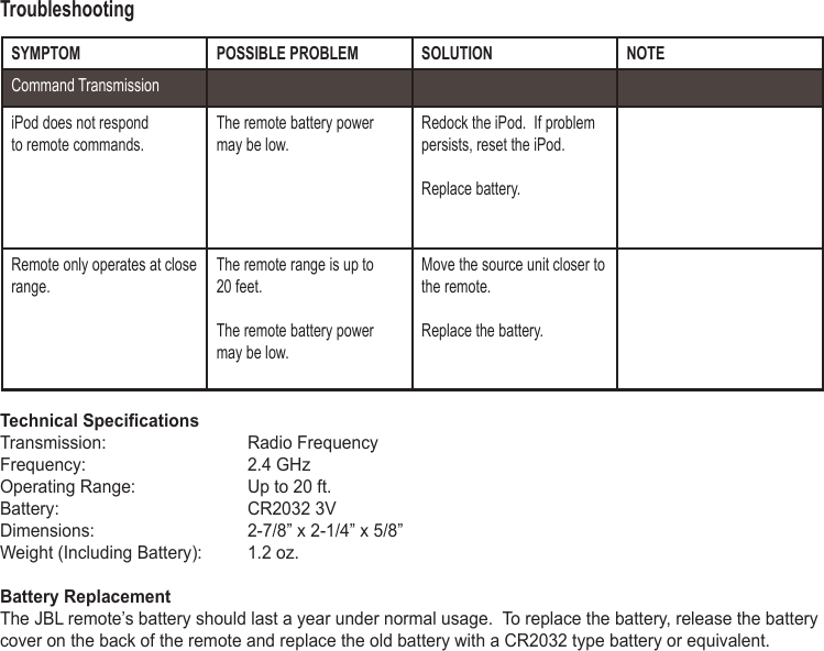 SYMPTOM POSSIBLE PROBLEM SOLUTION NOTECommand TransmissioniPod does not respondto remote commands.The remote battery power may be low.  Redock the iPod.  If problem persists, reset the iPod.Replace battery.Remote only operates at close range.The remote range is up to 20 feet.The remote battery power may be low.  Move the source unit closer to the remote.Replace the battery.Technical SpecicationsTransmission:    Radio FrequencyFrequency:    2.4 GHzOperating Range:    Up to 20 ft.Battery:      CR2032 3VDimensions:    2-7/8” x 2-1/4” x 5/8”Weight (Including Battery):  1.2 oz.Battery ReplacementThe JBL remote’s battery should last a year under normal usage.  To replace the battery, release the battery cover on the back of the remote and replace the old battery with a CR2032 type battery or equivalent.Troubleshooting