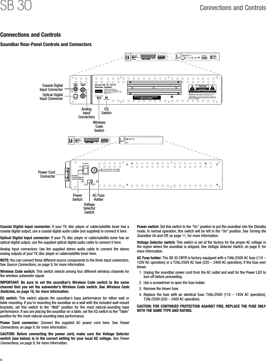 4SB 30 Connections and ControlsCoaxial Digital Input connector:  If your TV,  disc player or  cable/satellite tuner has a coaxial digital output, use a coaxial digital audio cable (not supplied) to connect it here.Optical Digital Input connector: If your TV, disc player or cable/satellite tuner has an optical digital output, use the supplied optical digital audio cable to connect it here. Analog  Input  connectors:  Use  the  supplied  stereo  audio  cable  to  connect  the  stereo analog outputs of your TV, disc player or cable/satellite tuner here. NOTE: You can connect three different source components to the three input connectors. See Source Connections, on page 9, for more information.Wireless Code switch: This switch selects among four different wireless channels for the wireless subwoofer signal.IMPORTANT:  Be  sure  to  set  the  soundbar’s  Wireless  Code  switch  to  the  same channel  that  you  set  the  subwoofer’s Wireless  Code  switch.  See  Wireless  Code Switches, on page 10, for more information.EQ  switch:  This  switch  adjusts  the  soundbar’s  bass  performance  for  either  wall  or table mounting. If you’re mounting the soundbar on a wall with the included wall-mount brackets,  set  this  switch  to  the  “Wall”  position  for  the  most  natural-sounding  bass performance. If you are placing the soundbar on a table, set the EQ switch to the “Table” position for the most natural-sounding bass performance.Power  Cord  connector:  Connect  the  supplied  AC  power  cord  here.  See  Power Connections, on page 9, for more information.CAUTION:  Before  connecting  the  power  cord,  make  sure  the  Voltage  Selector switch (see below) is in the correct setting for your local AC voltage. See Power Connections, on page 9, for more information.Power switch: Set this switch to the “On” position to put the soundbar into the Standby mode. In normal operation, this switch will be left in the “On” position. See Turning the Soundbar On and Off, on page 11, for more information.Voltage Selector switch: This switch is set at the factory for the proper AC voltage in the region where the soundbar is shipped. See Voltage Selector Switch, on page 9, for more information.AC Fuse holder: The SB 30 CNTR is factory-equipped with a T4AL/250V AC fuse (110 – 120V AC operation) or a T2AL/250V AC fuse (220 – 240V AC operation). If the fuse ever blows:1.  Unplug the soundbar power cord from the AC outlet and wait for the Power LED to turn off before proceeding.2.  Use a screwdriver to open the fuse holder.3.  Remove the blown fuse.4.  Replace  the  fuse  with  an  identical  fuse: T4AL/250V  (110  –  120V  AC  operation); T2AL/250V (220 – 240V AC operation).CAUTION: FOR CONTINUED PROTECTION AGAINST FIRE,  REPLACE THE  FUSE ONLY WITH THE SAME TYPE AND RATING.Connections and ControlsSoundbar Rear-Panel Controls and ConnectorsLInput Input1 2 3 4LInput Input1 2 3 4LInput Input1 2 3 4Coaxial Digital Input ConnectorOptical Digital Input ConnectorPower Cord ConnectorAnalog Input ConnectorsPower SwitchAC Fuse HolderVoltage Selector SwitchEQ SwitchWireless Code Switch