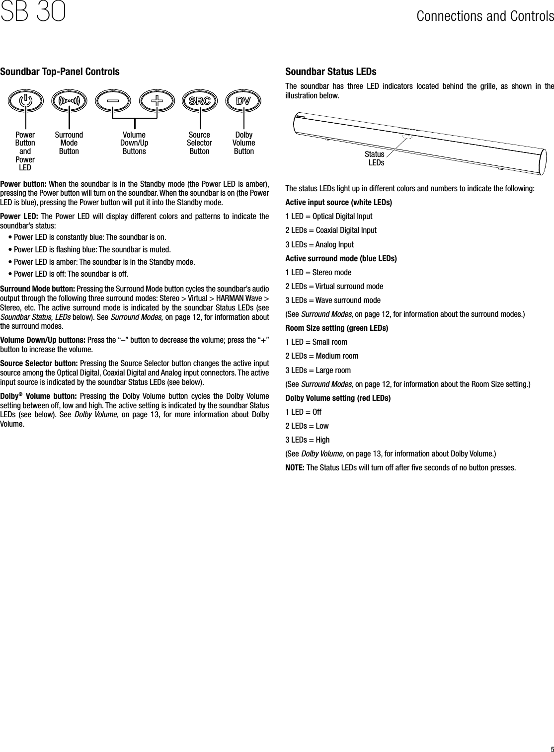 5SB 30 Connections and ControlsSoundbar Top-Panel ControlsPower Button and Power LEDSurround Mode ButtonVolume Down/Up ButtonsSource Selector ButtonDolby Volume ButtonPower button: When the soundbar is in the Standby mode (the Power LED is amber), pressing the Power button will turn on the soundbar. When the soundbar is on (the Power LED is blue), pressing the Power button will put it into the Standby mode.Power LED:  The  Power LED  will  display  different  colors  and  patterns  to  indicate  the soundbar’s status:• Power LED is constantly blue: The soundbar is on.• Power LED is ﬂashing blue: The soundbar is muted.• Power LED is amber: The soundbar is in the Standby mode.• Power LED is off: The soundbar is off.Surround Mode button: Pressing the Surround Mode button cycles the soundbar’s audio output through the following three surround modes: Stereo &gt; Virtual &gt; HARMAN Wave &gt; Stereo,  etc. The active  surround mode  is indicated by  the  soundbar Status LEDs (see Soundbar Status, LEDs below). See Surround Modes, on page 12, for information about the surround modes.Volume Down/Up buttons: Press the “–” button to decrease the volume; press the “+” button to increase the volume.Source Selector button: Pressing the Source Selector button changes the active input source among the Optical Digital, Coaxial Digital and Analog input connectors. The active input source is indicated by the soundbar Status LEDs (see below).Dolby®  Volume  button:  Pressing  the  Dolby Volume  button  cycles  the  Dolby  Volume setting between off, low and high. The active setting is indicated by the soundbar Status LEDs  (see  below). See  Dolby Volume,  on  page  13,  for  more  information  about  Dolby Volume.Soundbar Status LEDsThe  soundbar  has  three  LED  indicators  located  behind  the  grille,  as  shown  in  the illustration below.Status LEDsThe status LEDs light up in different colors and numbers to indicate the following:Active input source (white LEDs)1 LED = Optical Digital Input2 LEDs = Coaxial Digital Input3 LEDs = Analog InputActive surround mode (blue LEDs)1 LED = Stereo mode2 LEDs = Virtual surround mode3 LEDs = Wave surround mode(See Surround Modes, on page 12, for information about the surround modes.)Room Size setting (green LEDs)1 LED = Small room2 LEDs = Medium room3 LEDs = Large room(See Surround Modes, on page 12, for information about the Room Size setting.)Dolby Volume setting (red LEDs)1 LED = Off2 LEDs = Low3 LEDs = High(See Dolby Volume, on page 13, for information about Dolby Volume.)NOTE: The Status LEDs will turn off after ﬁve seconds of no button presses.