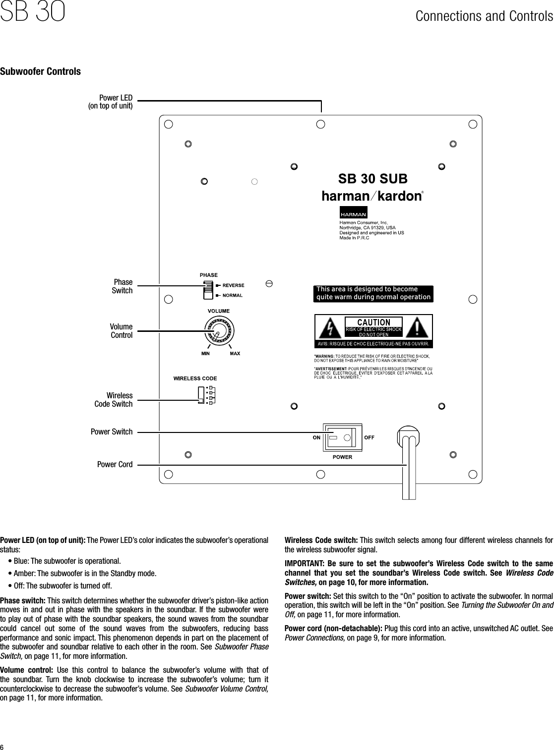 6SB 30 Connections and ControlsPower LED (on top of unit): The Power LED’s color indicates the subwoofer’s operational status:• Blue: The subwoofer is operational.• Amber: The subwoofer is in the Standby mode.• Off: The subwoofer is turned off. Phase switch: This switch determines whether the subwoofer driver’s piston-like action moves in  and out  in phase with  the speakers  in the soundbar. If the  subwoofer were  to play out of phase with the soundbar speakers, the sound waves from the soundbar could  cancel  out  some  of  the  sound  waves  from  the  subwoofers,  reducing  bass performance and sonic impact. This phenomenon depends in part on the placement of the subwoofer and soundbar relative to each other in the room. See Subwoofer Phase Switch, on page 11, for more information.Volume  control:  Use  this  control  to  balance  the  subwoofer’s  volume  with  that  of the  soundbar.  Turn  the  knob  clockwise  to  increase  the  subwoofer’s  volume;  turn  it counterclockwise to decrease the subwoofer’s volume. See Subwoofer Volume Control, on page 11, for more information.Wireless Code switch: This switch selects among four different wireless channels for the wireless subwoofer signal.IMPORTANT:  Be  sure  to  set  the  subwoofer’s Wireless  Code  switch  to  the  same channel  that  you  set  the  soundbar’s  Wireless  Code  switch.  See  Wireless  Code Switches, on page 10, for more information.Power switch: Set this switch to the “On” position to activate the subwoofer. In normal operation, this switch will be left in the “On” position. See Turning the Subwoofer On and Off, on page 11, for more information.Power cord (non-detachable): Plug this cord into an active, unswitched AC outlet. See Power Connections, on page 9, for more information.Subwoofer ControlsThis area is designed to become quite warm during normal operationRISK OF ELECTRIC SHOCKDO NOT OPENRISK OF ELECTRIC SHOCKDO NOT OPENRISK OF ELECTRIC SHOCKDO NOT OPENPower LED (on top of unit)Phase SwitchVolume ControlWireless Code SwitchPower SwitchPower Cord