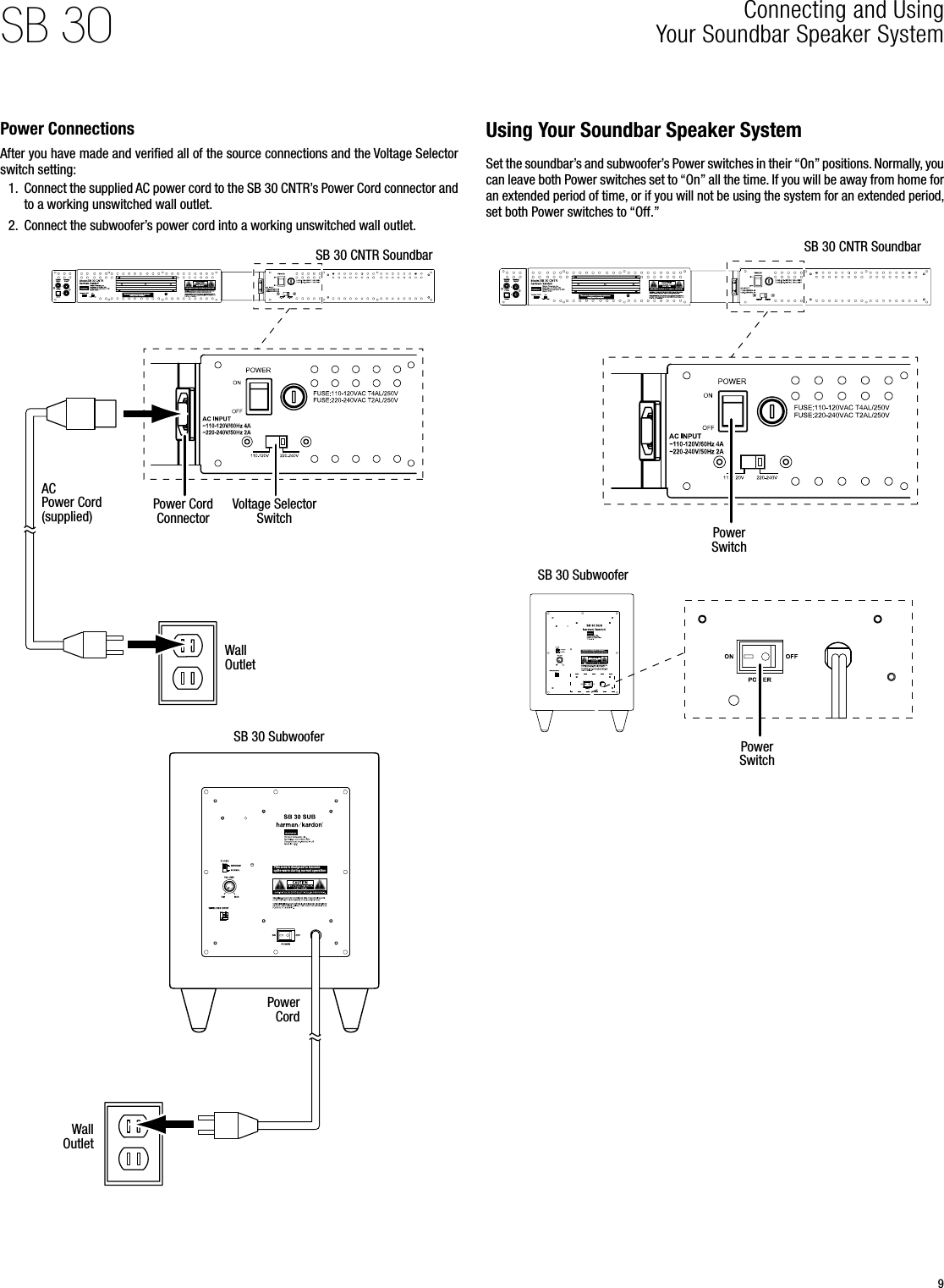 9SB 30 Connecting and Using  Your Soundbar Speaker System Power ConnectionsAfter you have made and veriﬁed all of the source connections and the Voltage Selector switch setting:1.  Connect the supplied AC power cord to the SB 30 CNTR’s Power Cord connector and to a working unswitched wall outlet.2.  Connect the subwoofer’s power cord into a working unswitched wall outlet.LInput Input1 2 3 4Thi s area is d esign ed to bec ome qui te warm d uring n ormal o perat ion  L     L     L   SB 30 CNTR SoundbarSB 30 SubwooferVoltage Selector SwitchPower Cord ConnectorWall OutletWall OutletPower CordAC Power Cord (supplied)Using Your Soundbar Speaker SystemSet the soundbar’s and subwoofer’s Power switches in their “On” positions. Normally, you can leave both Power switches set to “On” all the time. If you will be away from home for an extended period of time, or if you will not be using the system for an extended period, set both Power switches to “Off.”LInput Input1 2 3 4This ar ea is des igned t o becom e quite w arm dur ing nor mal ope ration  L     L     L   Power SwitchPower SwitchSB 30 SubwooferSB 30 CNTR Soundbar
