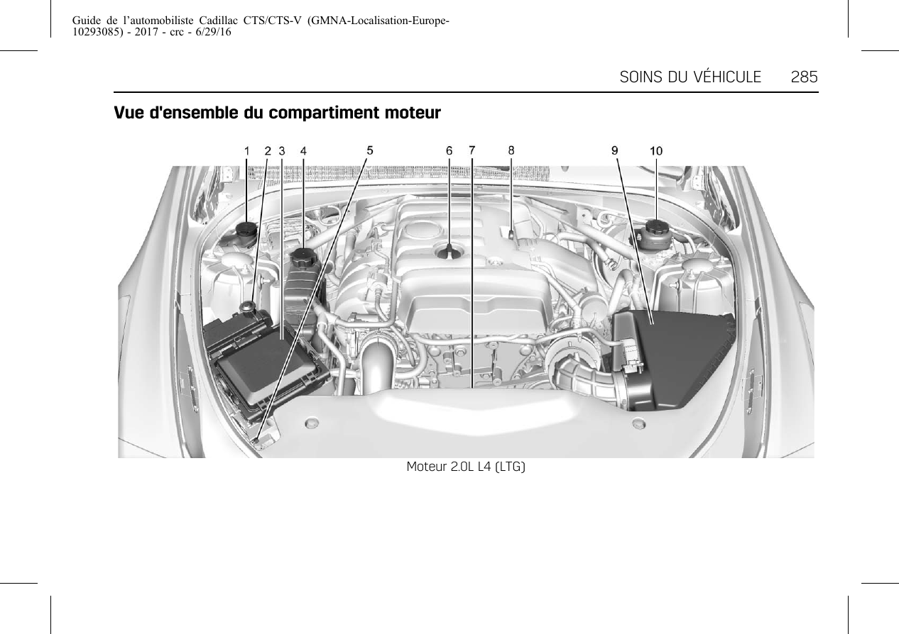 Guide de l’automobiliste Cadillac CTS/CTS-V (GMNA-Localisation-Europe-10293085) - 2017 - crc - 6/29/16SOINS DU VÉHICULE 285Vue d&apos;ensemble du compartiment moteurMoteur 2.0L L4 (LTG)