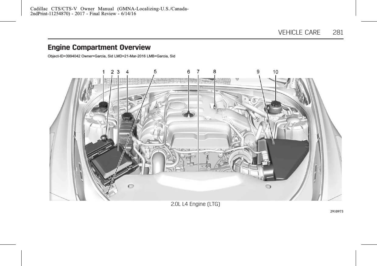 Cadillac CTS/CTS-V Owner Manual (GMNA-Localizing-U.S./Canada-2ndPrint-11254870) - 2017 - Final Review - 6/14/16VEHICLE CARE 281Engine Compartment OverviewObject-ID=3994042 Owner=Garcia, Sid LMD=21-Mar-2016 LMB=Garcia, Sid2.0L L4 Engine (LTG)2910973