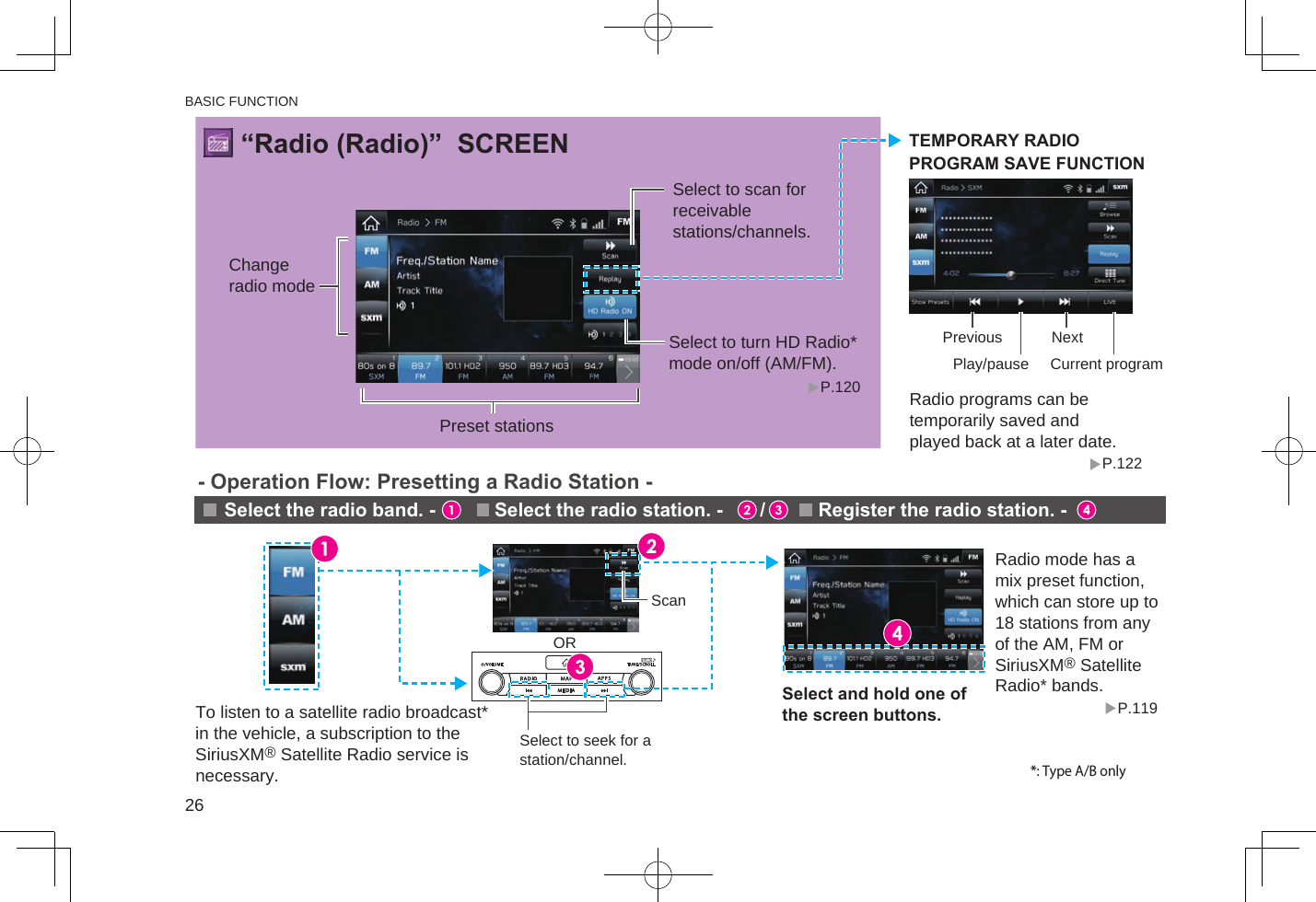 Depending on the audio source, several items from  Artists (Artists),  Albums (Albums),  Songs (Songs),  Playlists (Playlists),  Audiobooks (Audiobooks),  Genres (Genres),  Composers (Composers),  Podcasts (Podcasts), and  Folders (Folders) are displayed in a list.TO USE SUPPORTED MEDIA WITH SYSTEM“Media (Media)” SCREENSelect the playback mode. -  Play a track. -　  /Display the playback mode list. -- Operation Flow: Using Playback Modes - Pause/playChange media sourceCD*: Select desired track from track listUSB/iPod/Bluetooth audio: Playback tracks and programs, etc. in a variety of playback modesChange to other Bluetooth audio device/register new deviceRandom playback on/offChange tracksSelect and hold to fast rewind Change tracksSelect and hold to fast forwardRepeat/do not repeat track currently playingUSB/iPod:Connect device to vehicle USB portUSB memory/iPods supported by systemBluetooth audio:Register device in systemBluetooth audio devices supported by systemPlay all tracks applicable to the selected playback mode.Example: If an artist is selected in Artists (Artists) playback mode, all albums by the selected artist are played.CD*:Insert a discDiscs supported by systemAUX:Connect portable device to vehicle AUX connection terminal P.39P.38P.151P.39P.154P.144P.55*: Type A/B onlyPlay the selected track.Radio mode has a mix preset function, which can store up to 18 stations from any of the AM, FM or  SiriusXM® Satellite Radio* bands.To listen to a satellite radio broadcast* in the vehicle, a subscription to the SiriusXM® Satellite Radio service is necessary.“Radio (Radio)”  SCREENRegister the radio station. -Select the radio band. -Select to seek for a station/channel.Select and hold one of the screen buttons.- Operation Flow: Presetting a Radio Station - Preset stationsScan ORChange radio modeSelect to turn HD Radio* mode on/off (AM/FM).  Play/pauseRadio programs can be temporarily saved and played back at a later date.Current programNextPreviousSelect to scan for receivable stations/channels.TEMPORARY RADIO PROGRAM SAVE FUNCTION*: Type A/B onlySelect the radio station. -       /   P.119P.120P.122BASIC FUNCTION26